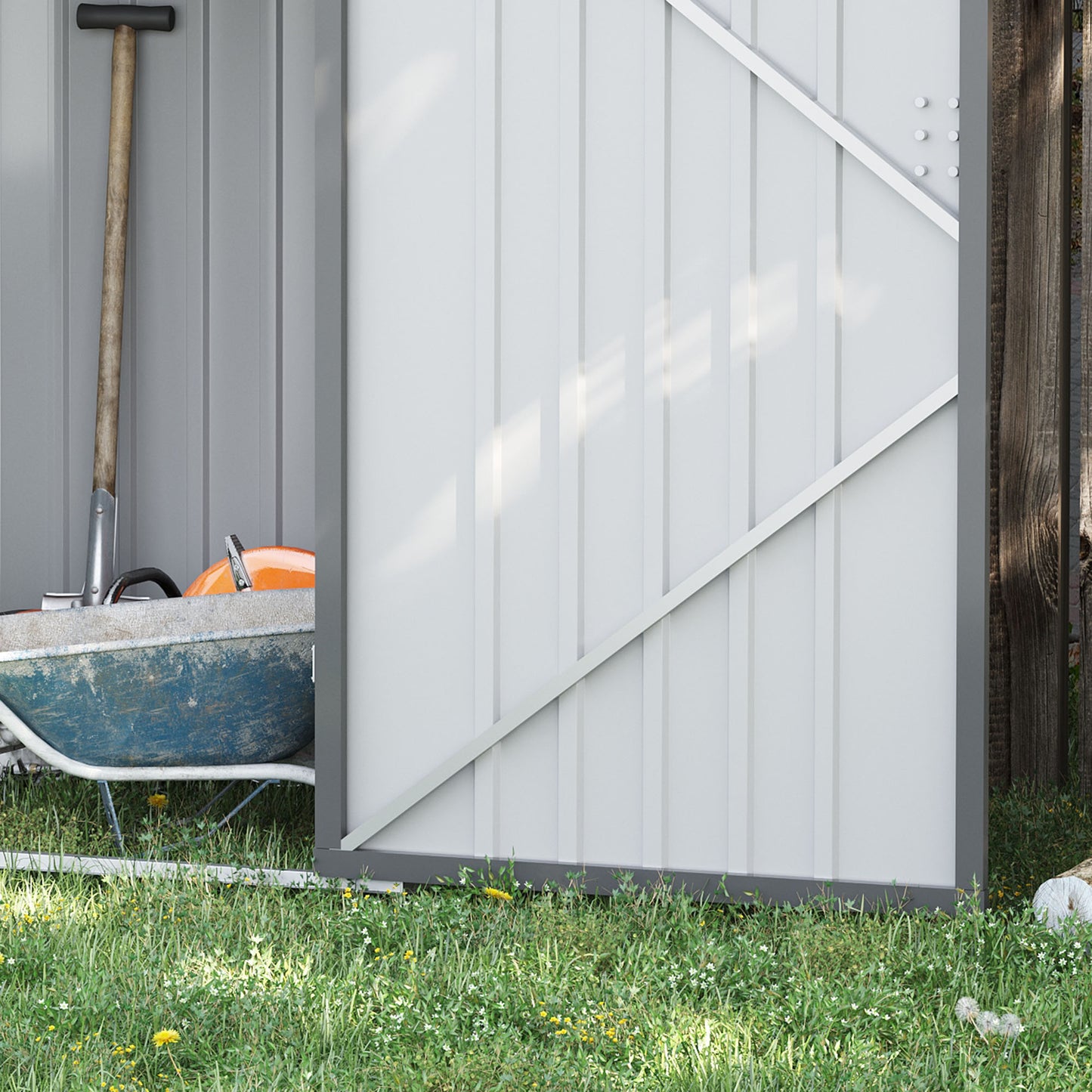 Outsunny 3.3' x 3.4' Lean-to Garden Storage Shed, Outdoor Galvanized Steel Tool House with Lockable Door for Patio Gray