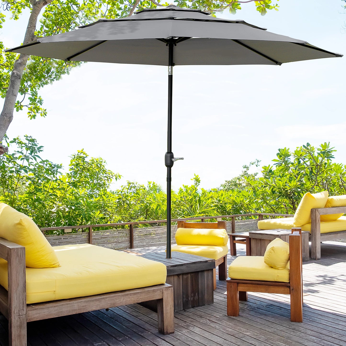 9FT 3 Tiers Patio Umbrella Outdoor Market Umbrella with Crank, Push Button Tilt for Deck, Backyard and Lawn, Light Grey