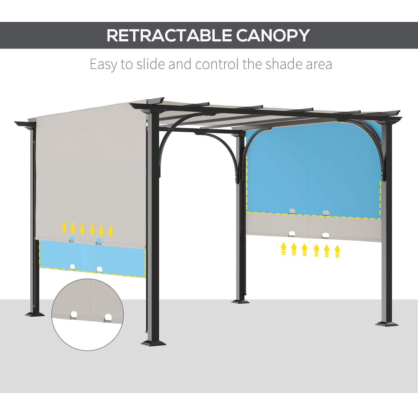 10' x 10' Outdoor Pergola Patio Gazebo Retractable Canopy Sun Shelter, Steel Frame, White