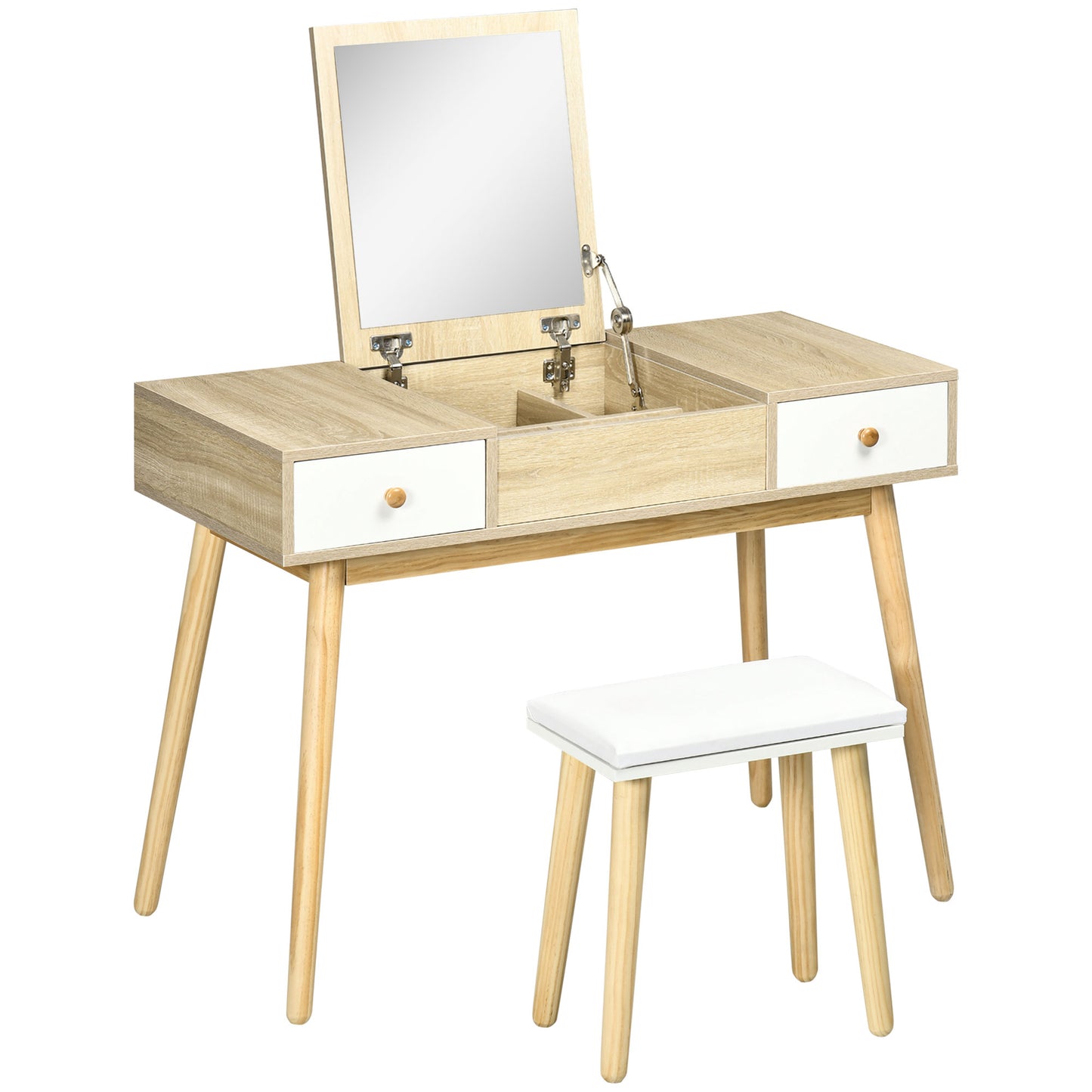 Flip Top Vanity Table / Writing Desk with 2 Drawers and Storage Grids, Natural