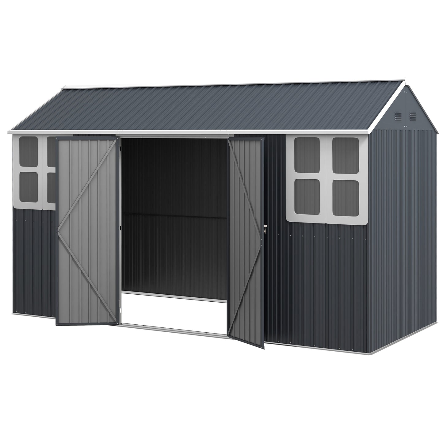 Outsunny 12' x 5.5' Metal Garden Storage Shed, Outdoor Tool Storage House with Lockable Door, Vents, Sloped Roof, Dark Grey