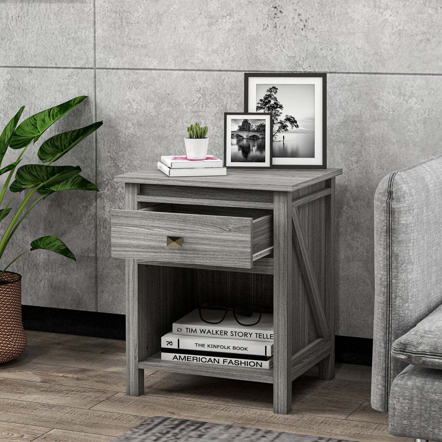 Bedside Table, Farmhouse Nightstand with with Drawer and Storage Shelf, Night Table for Bedroom, Grey