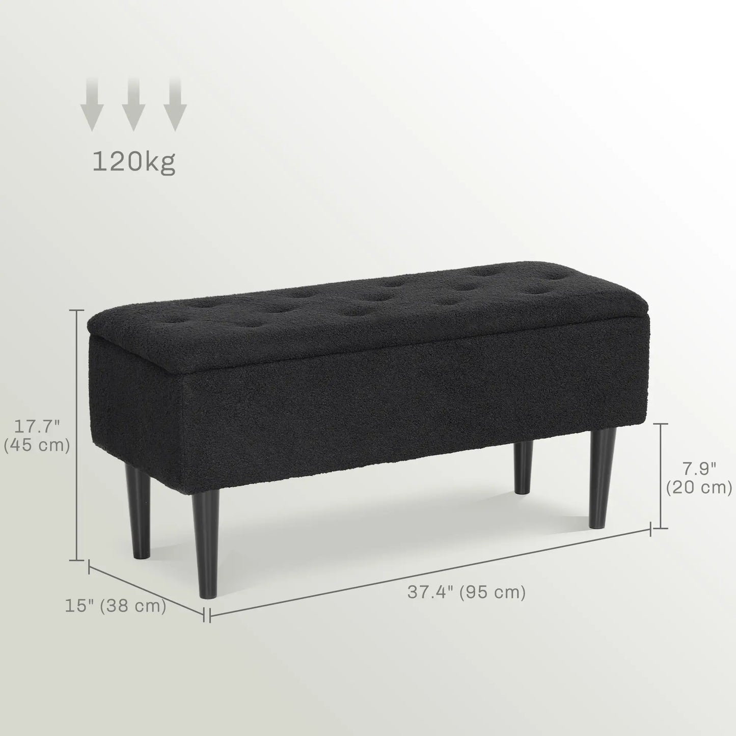 Modern Storage Bench, Lamb's Wool Upholstery for Living Room, Bedroom, Black