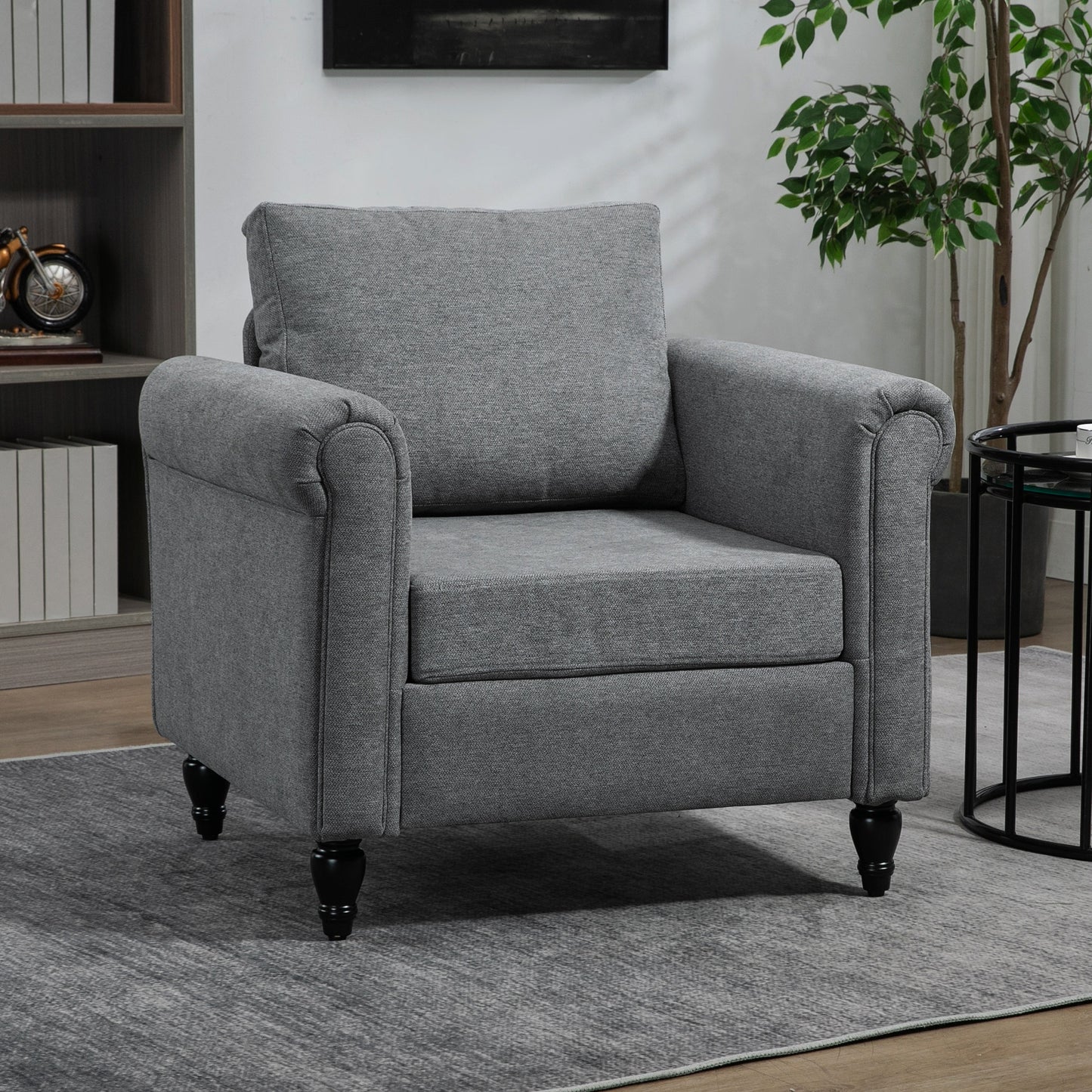 Accent Chair with Rolled Arms, Gourd-Shaped Rubber Wood Legs, Light Grey