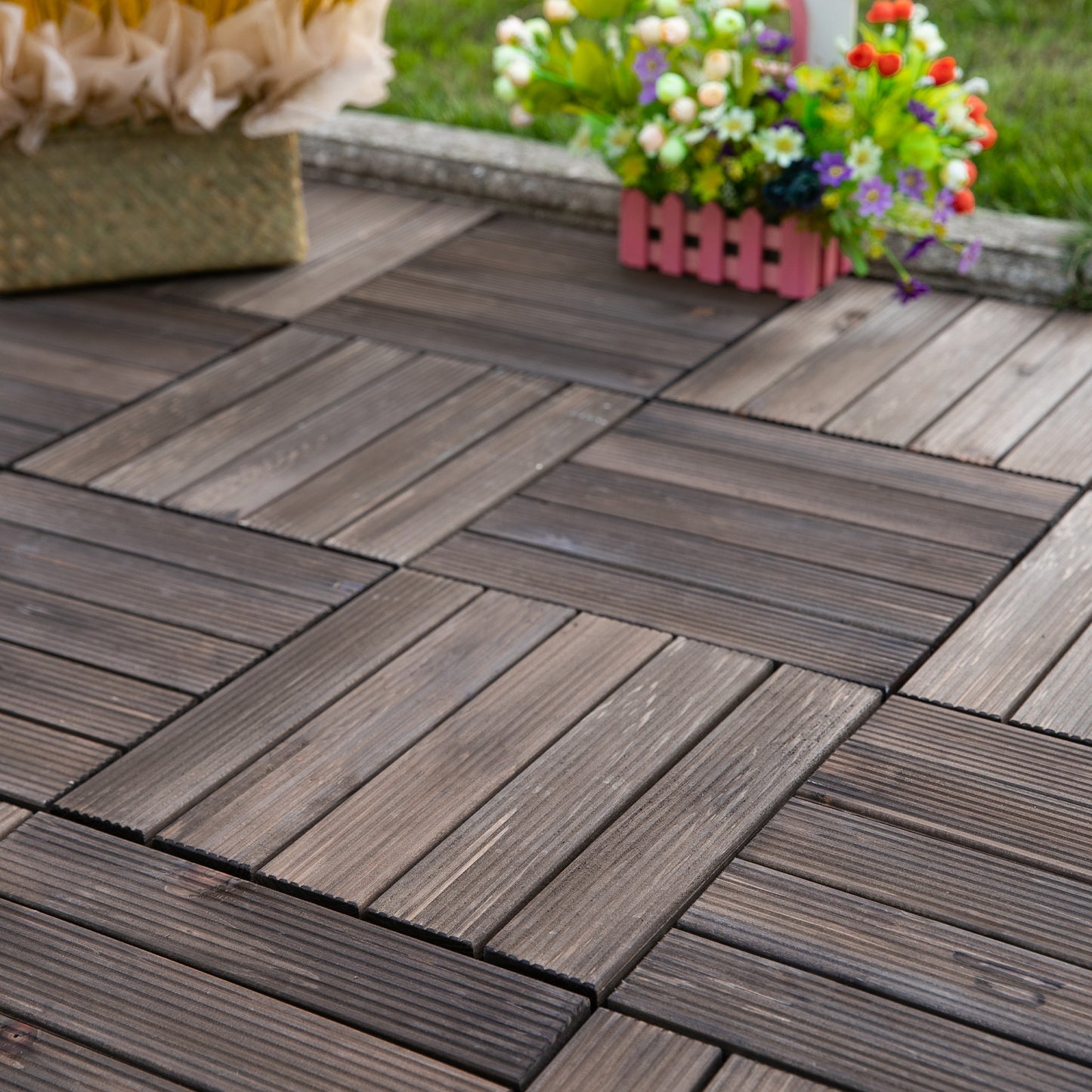 27 Pcs Floor Tiles Interlocking Solid Wood DIY Deck Tiles Indoor Outdoor Flooring, Black