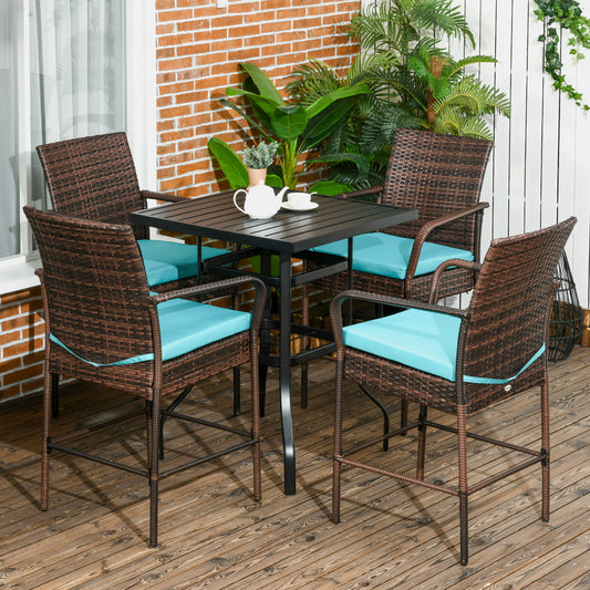 5-Piece Wicker Bar Set, Patio Bar Table Chair with Parasol Hole for Poolside, 31.5"x31.5"x39.8", Brown