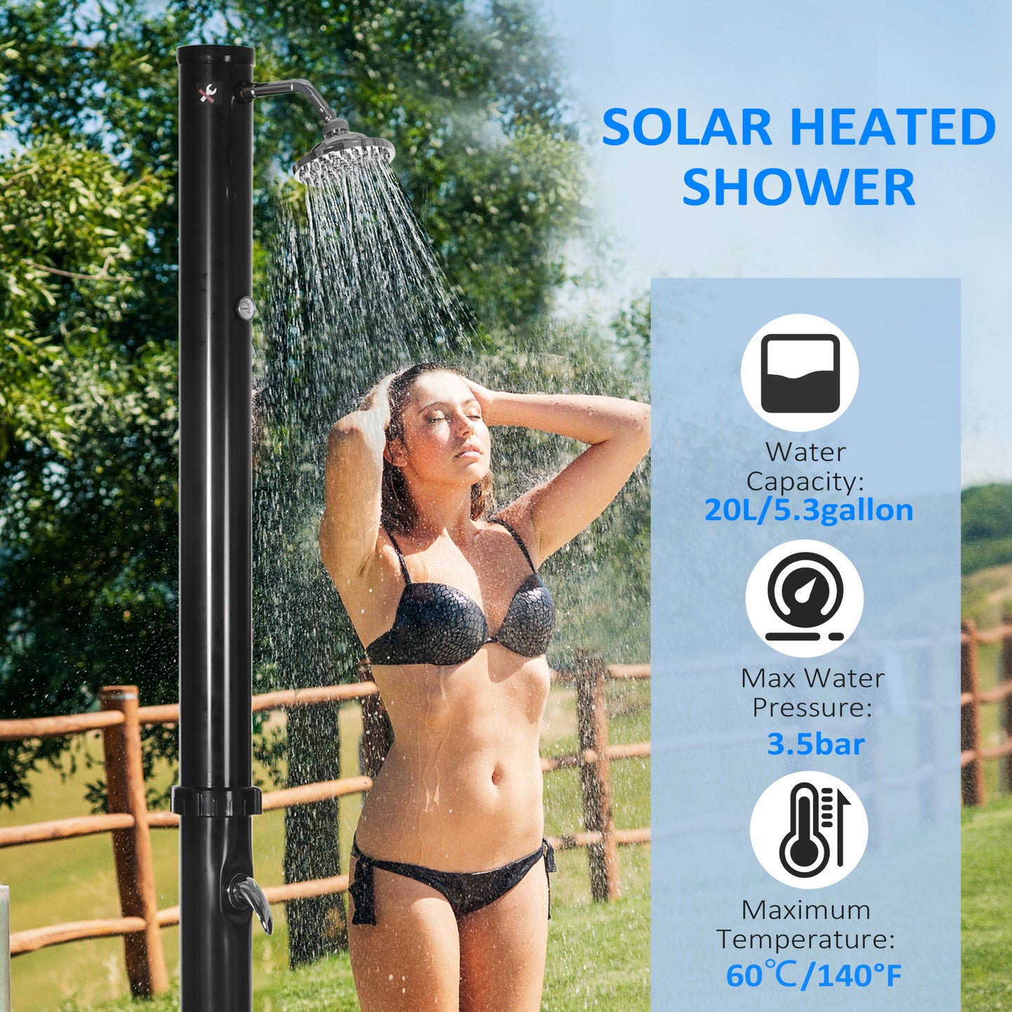 7.3FT 5.3 Gallon Solar Heated Shower, 2-Section Outdoor Shower with Shower Head, Foot Shower, Temperature Display for Backyard, Poolside, Spa, Beach, Black