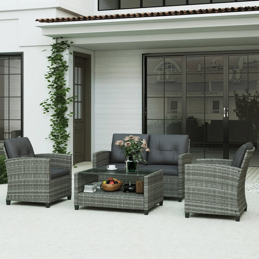 4 Piece Rattan Patio Furniture Set w/ Glass Table Top, Cushions for Backyard, Garden, Poolside, Deck, Charcoal Grey