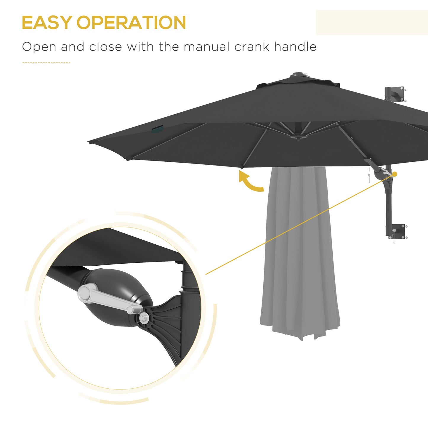 9.6 x 9.6 ft Wall Mounted Umbrella with Rotate, Patio Market Umbrella Parasol for Outdoor with Crank, Charcoal Grey