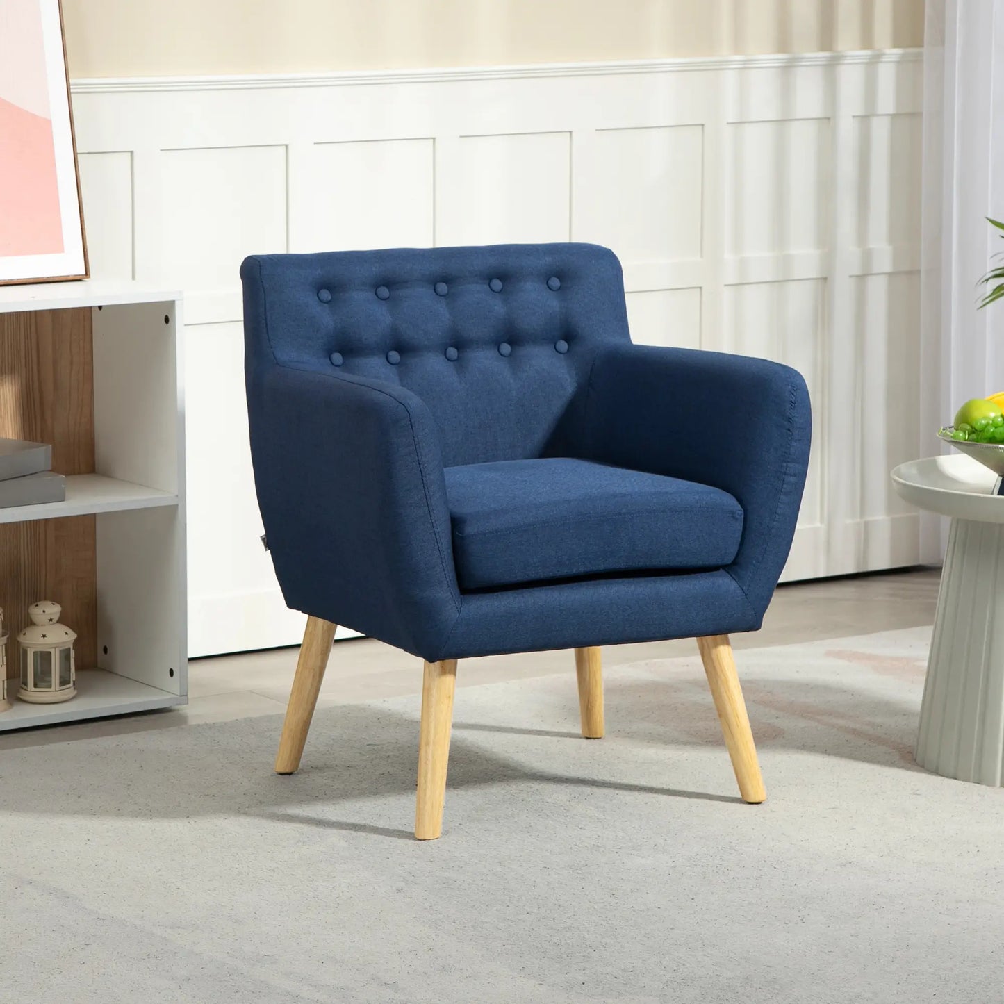 Mid-Century Modern Accent Chair with Wood Frame and Thick Padding, Cream in Blue