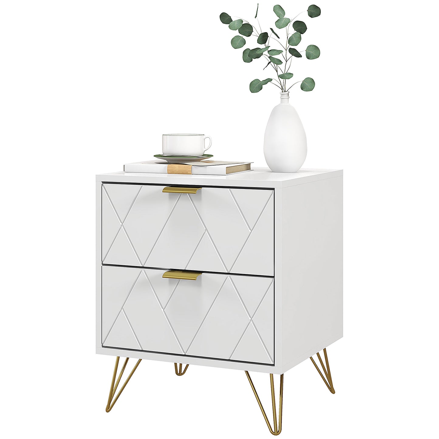 Modern Bedside Table, Accent Nightstand with 2 Drawers, Bed End Table for Bedroom, Living Room, White (1 Pc)