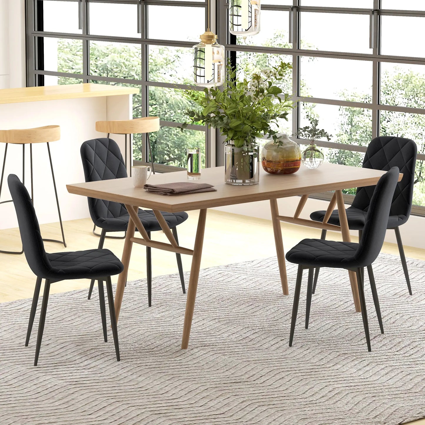 Set of 4 Dining Chair, Upholstered with Steel Legs, Black