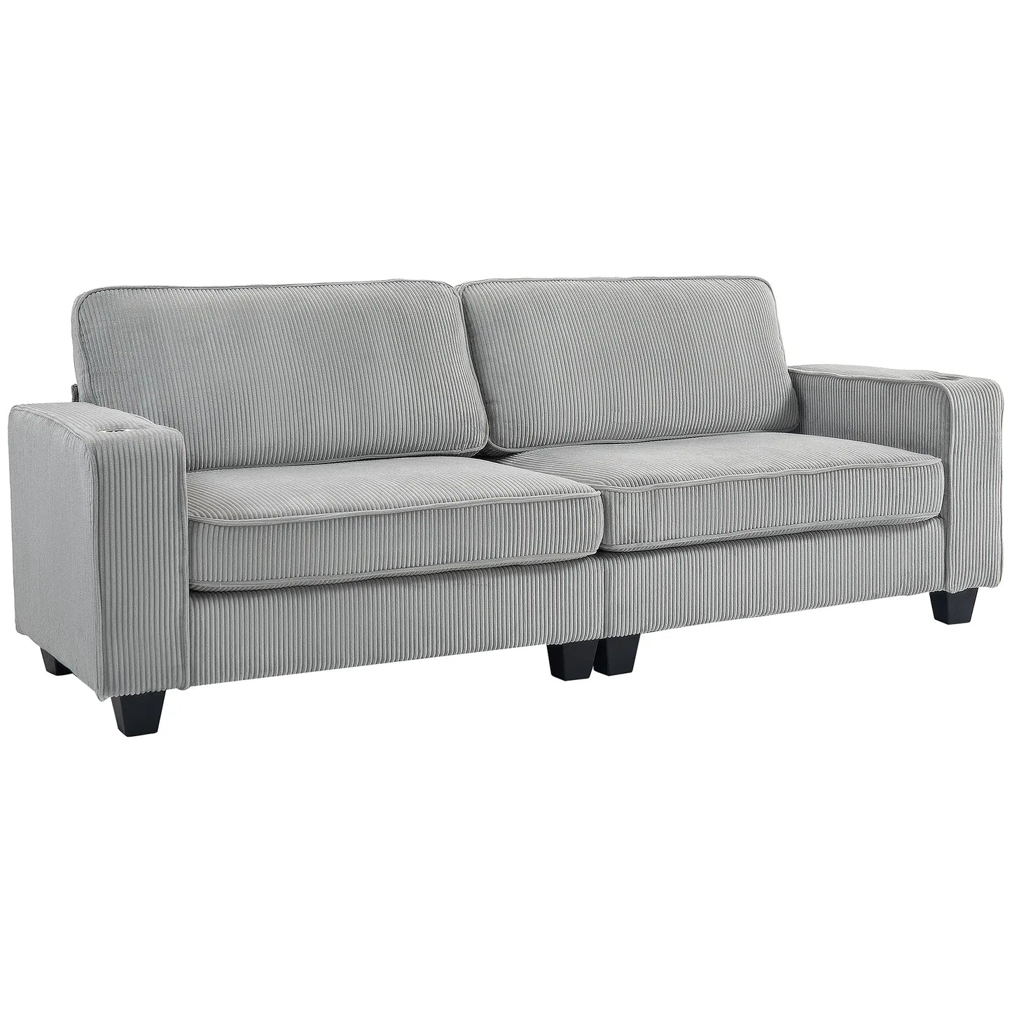 Three Seater Sofa, Fabric with Spring Cushion and Cup Holders Light Grey