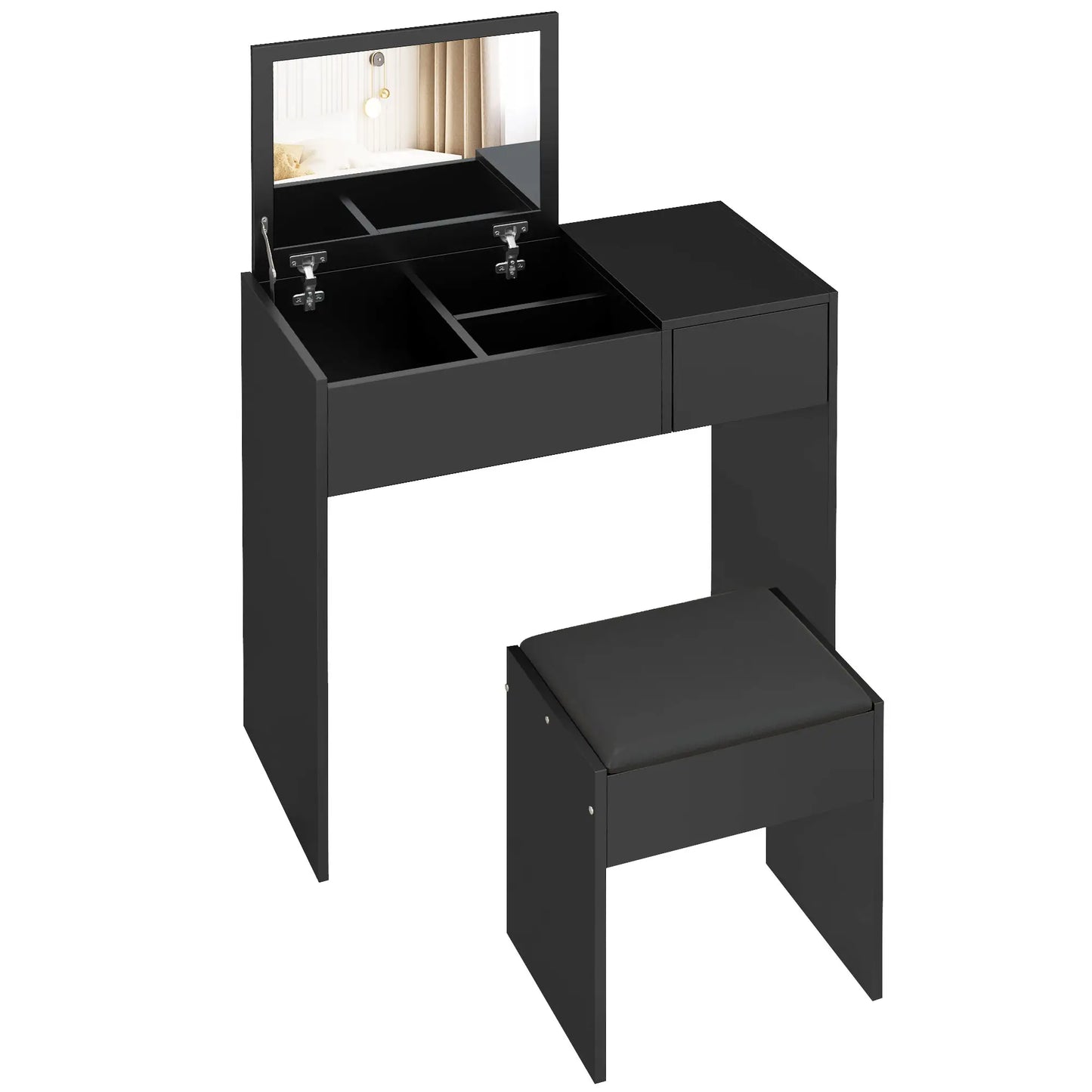 Vanity Set with Flip Top Mirror and Cushioned Stool, Black