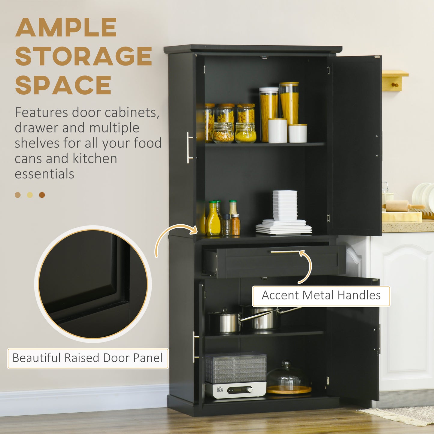 72" Kitchen Pantry Cabinet, Freestanding Storage Cabinet, 4-Door Cupboard with Drawer and Adjustable Shelves, Black