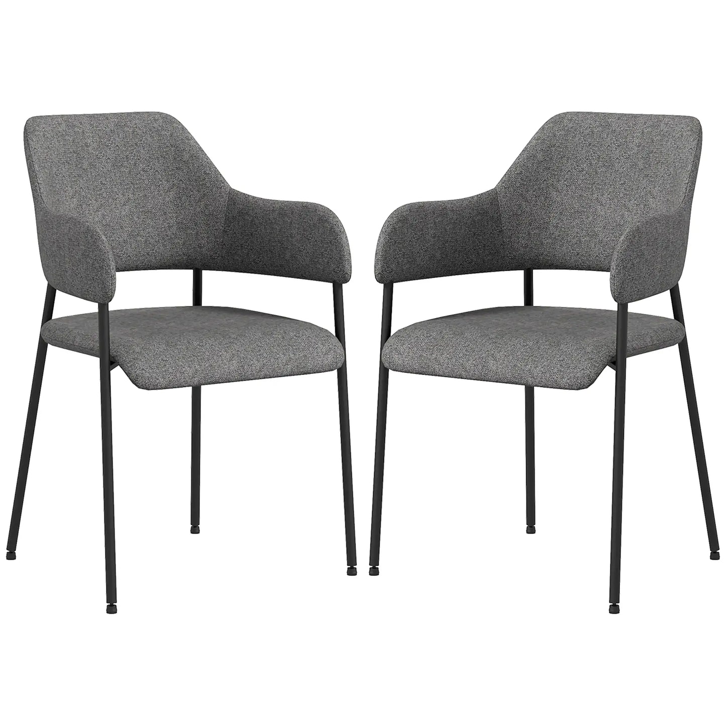 Set of 2, Fabric Kitchen Chairs with Armrests and Steel Legs in Black