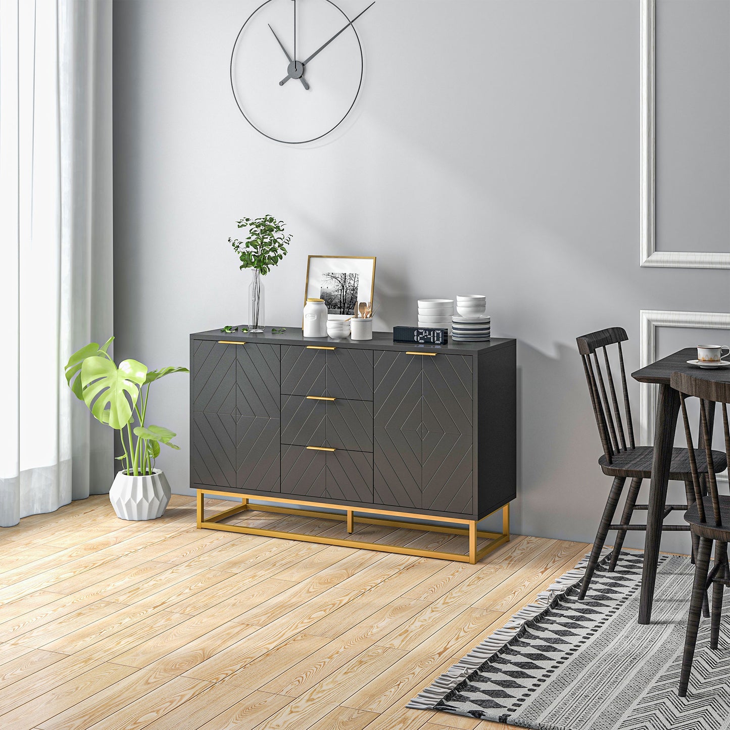 Sideboard Storage Cabinet with 3 Drawers, Adjustable Shelves and Doors, In Black