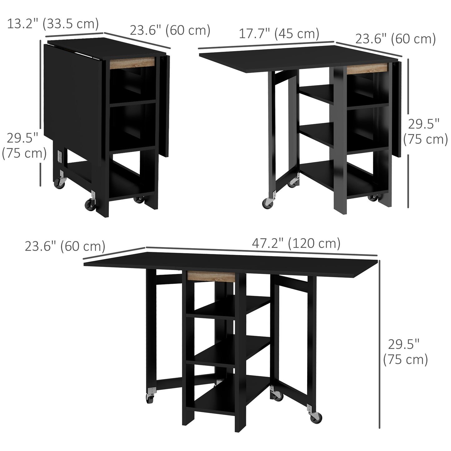 Folding Dining Table with Storage, Drop Leaf Kitchen Table for Small Spaces, Black