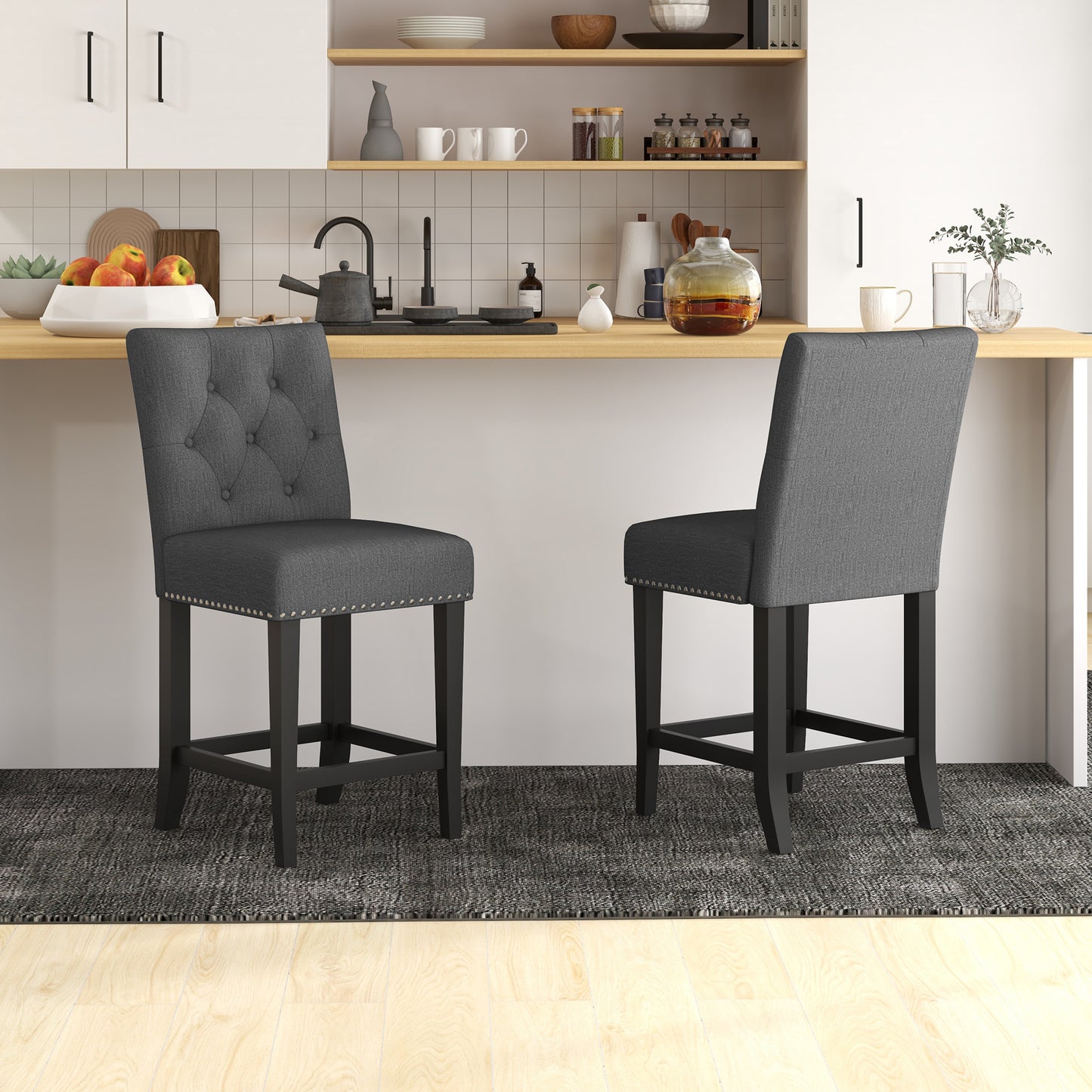 Dark Grey Fabric Bar Stool Set of 2, Seat Height  25.6", with Tufted Back & Wood Legs