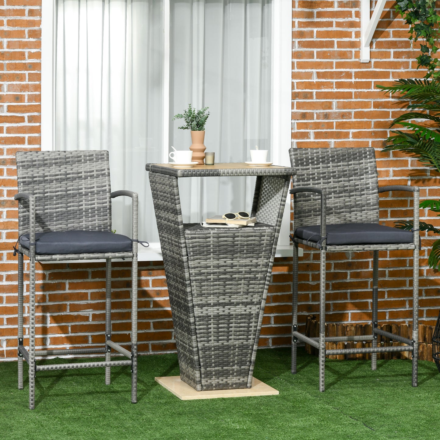 3 Pieces Patio Bar Set, Wicker Bistro Set, PE Rattan Bar Table and Chairs with Soft Padded Cushions, Storage Shelf, Wood Grain Plastic Top, Mixed Gray