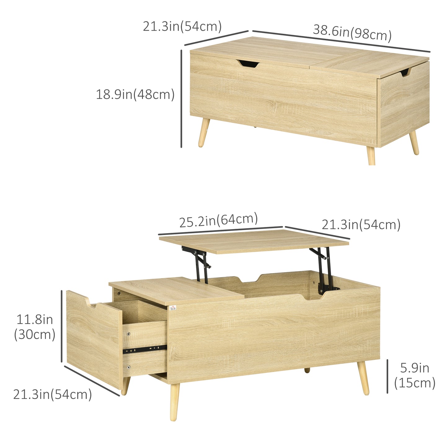 Coffee Table with Wood Legs, Lift Top Coffee Table with Drawer, Hidden Compartment, 38.6" x 21.3" x 18.9", Natural