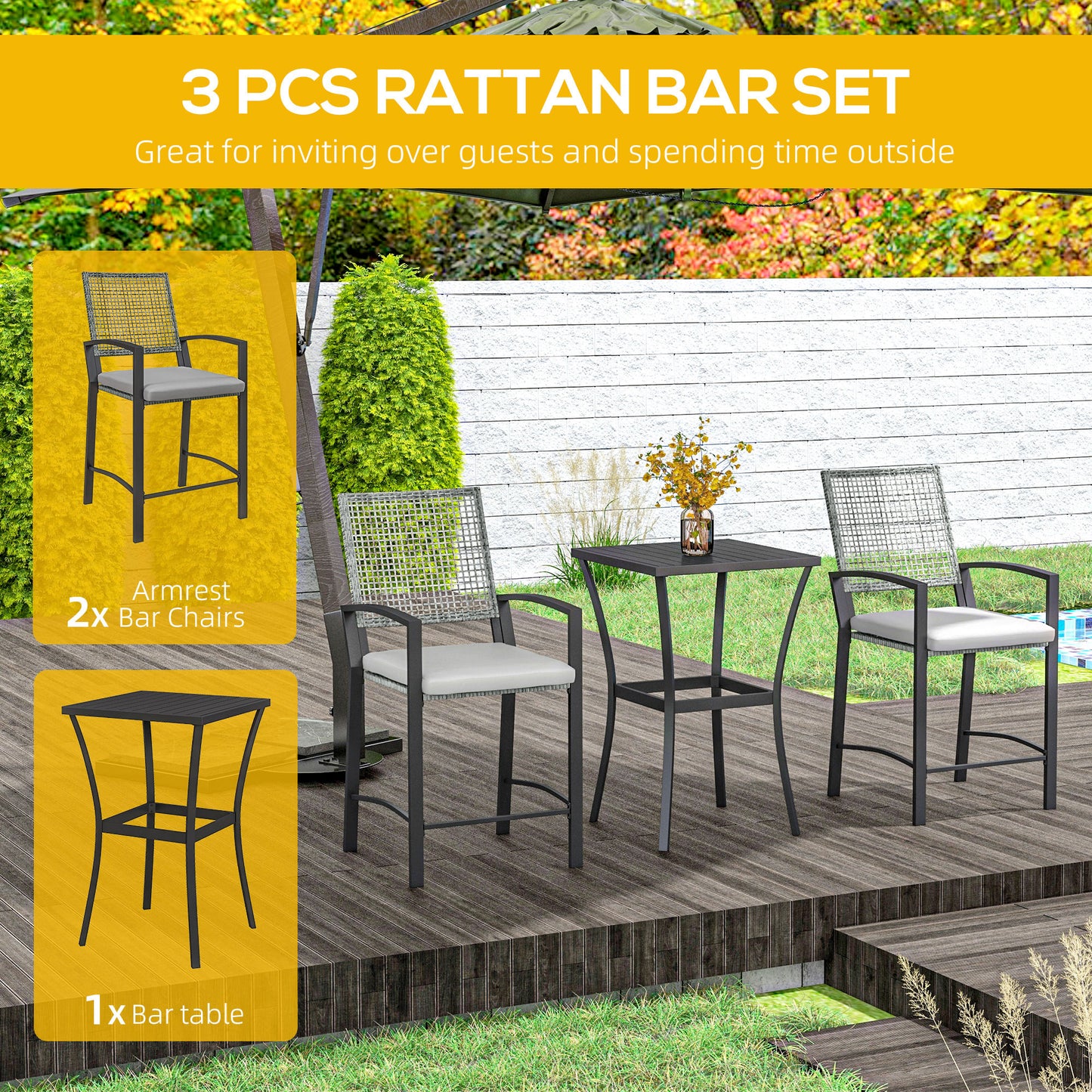 3pc Rattan Patio Bar Table and Bar Chairs w/ Cushions Home Bar Furniture