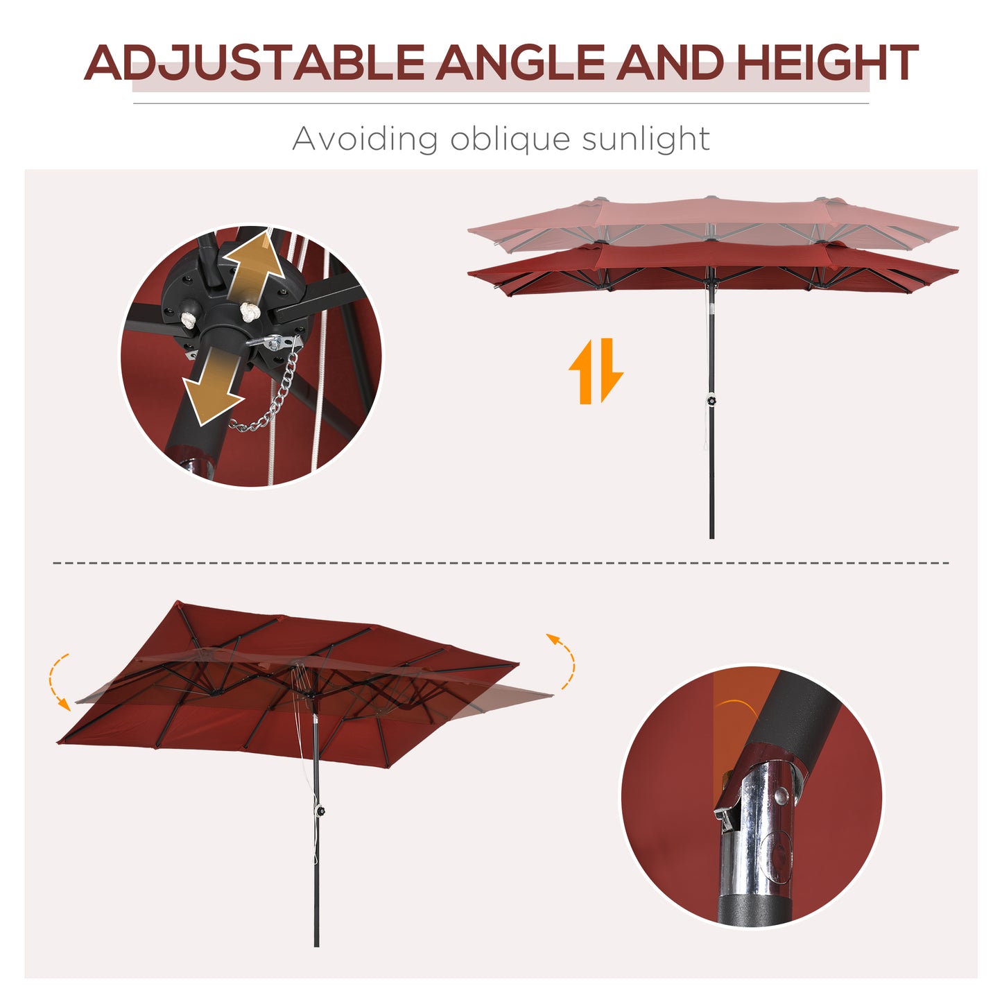 Double-Sided Patio Umbrella Parasol with Tilt, Adjustable Height, Vents and 12 Ribs, for Garden, Deck, Pool, Wine Red