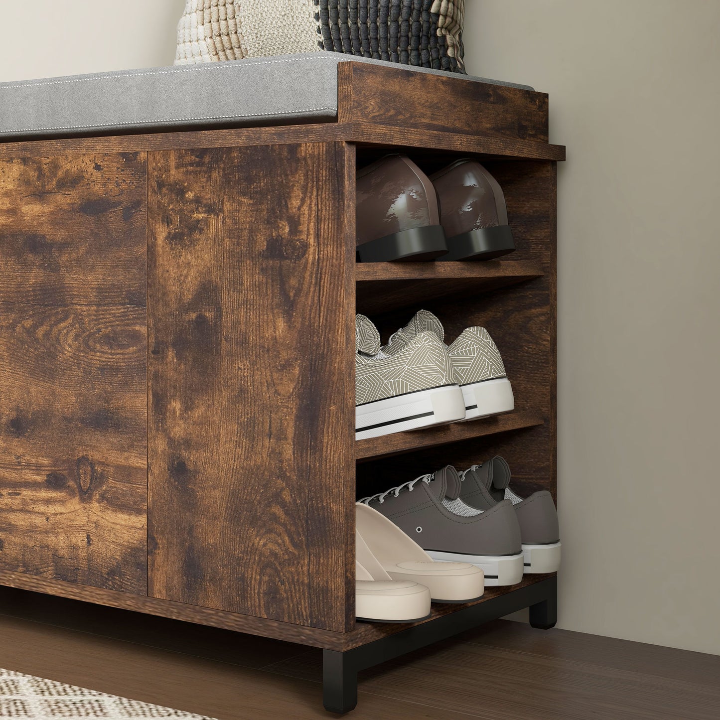 Shoe Storage with Seat, Upholstered Hallway Bench, Shoe Bench with Flip Drawer and Side Rack for 6 Pairs of Shoes