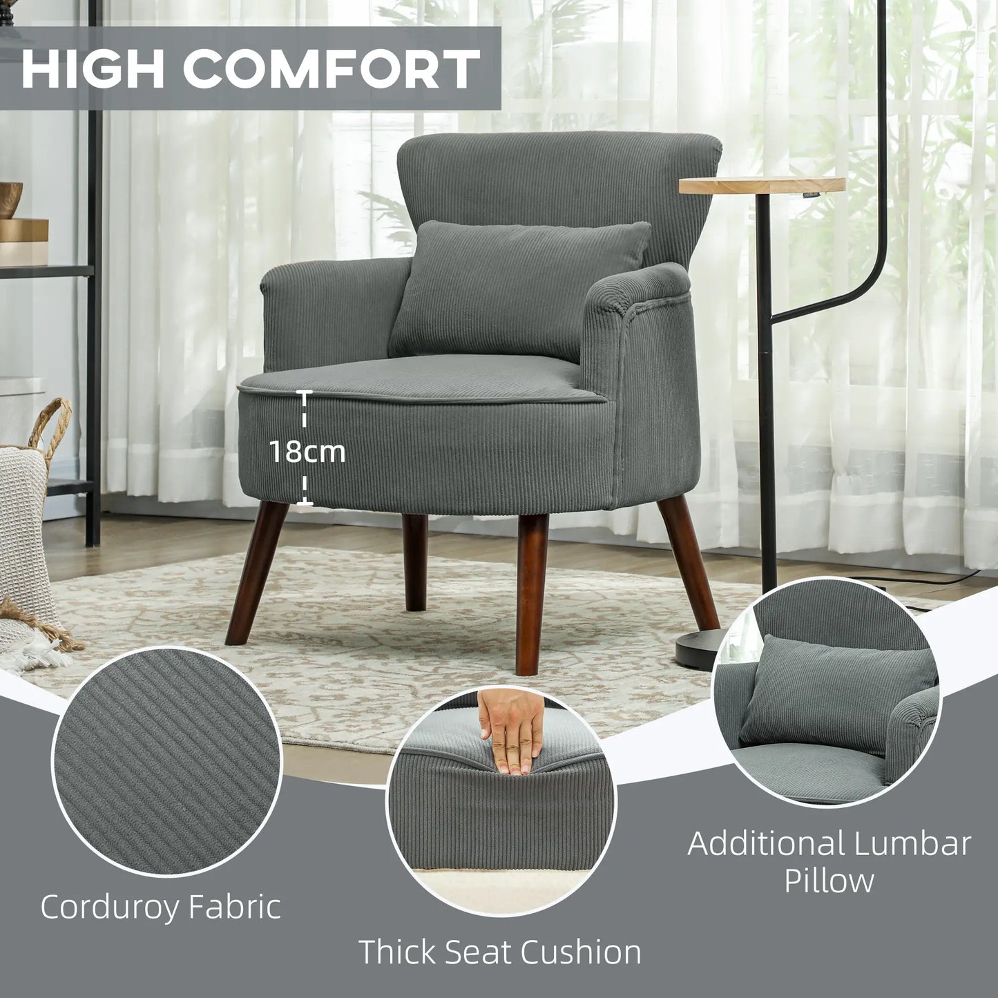 Modern Accent Chair with Solid Wood Legs and Lumbar Pillow for, Grey