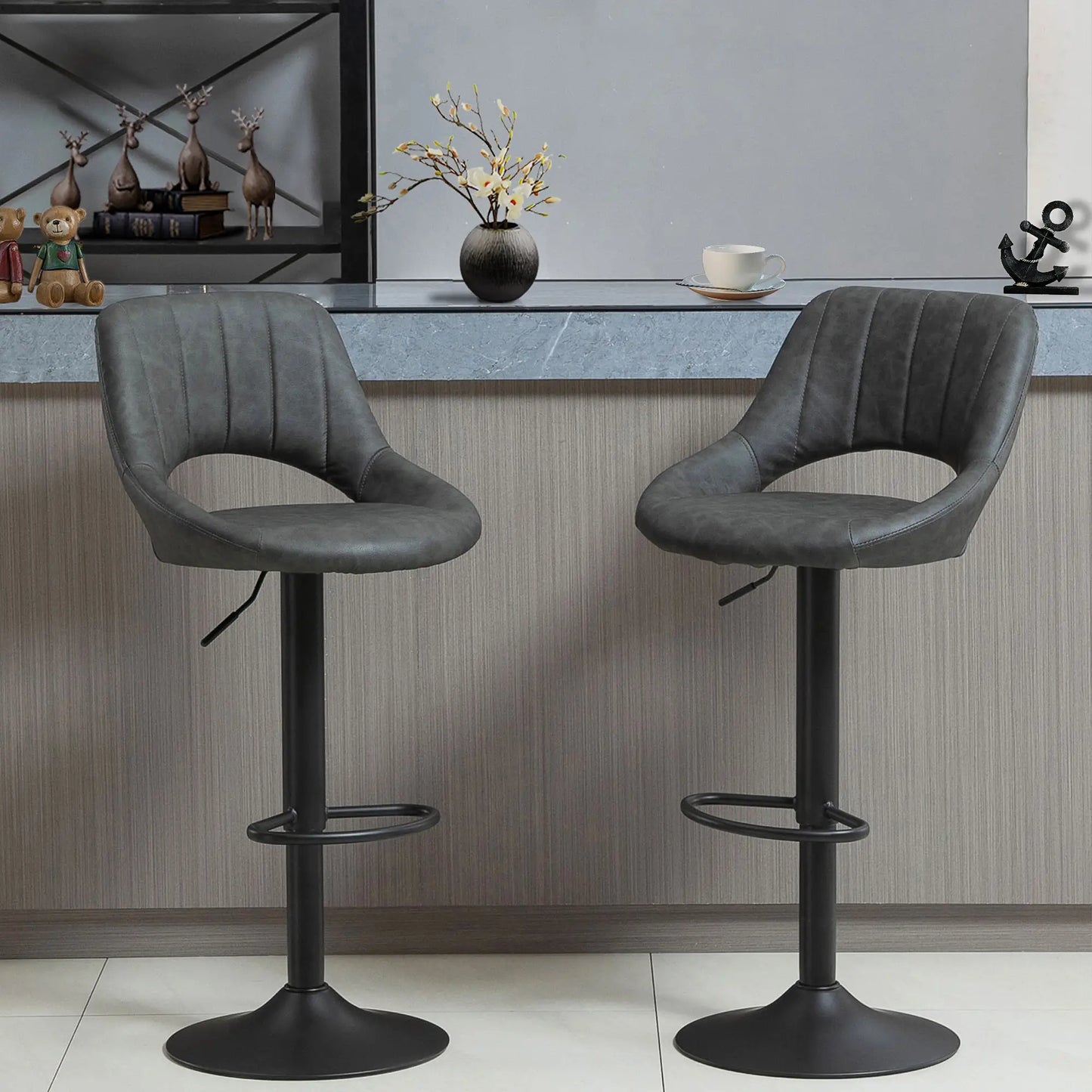 Set of 2 Adjustable Bar Stools with PU Upholstered Back, Footrest and Round Base in Grey