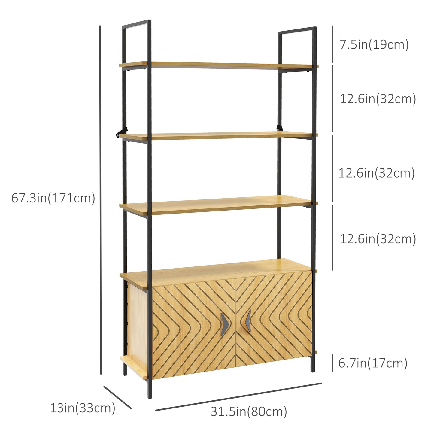 4-Tier Shelving Unit with Double Door Cabinet, Industrial Bookshelf, Storage Rack with Open Shelves and Metal Frame for Living Room, Bedroom, Study, Oak