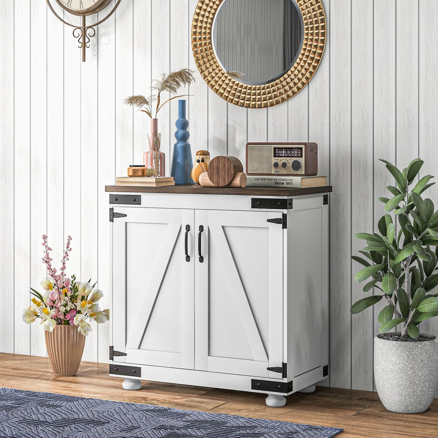 Small Sideboard Buffet or Entryway Storage Cabinet with Barn Door and Adjustable Shelves, White and Brown