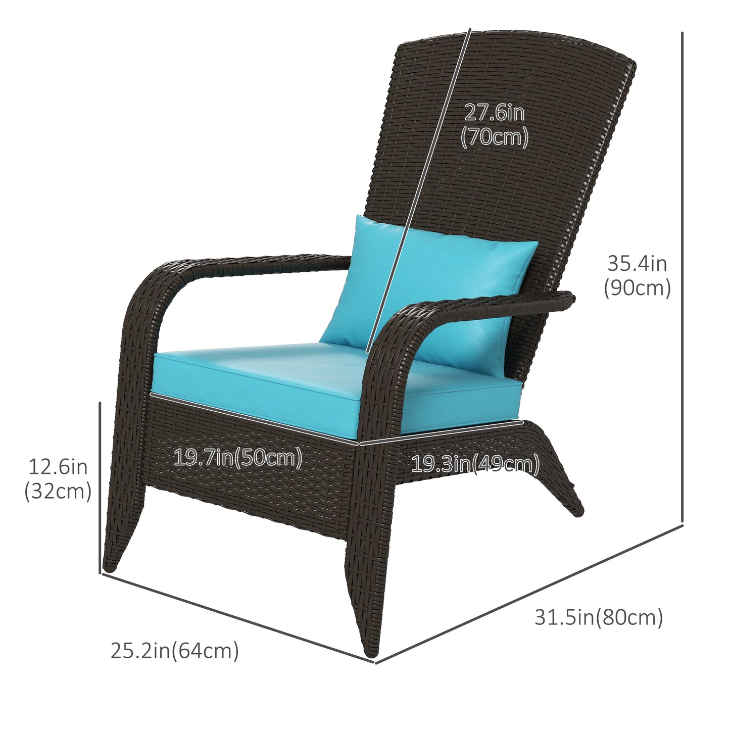 Patio Wicker Adirondack Chair, Outdoor Rattan Muskoka Chair with Cushions for Patio, Garden, Backyard Turquoise