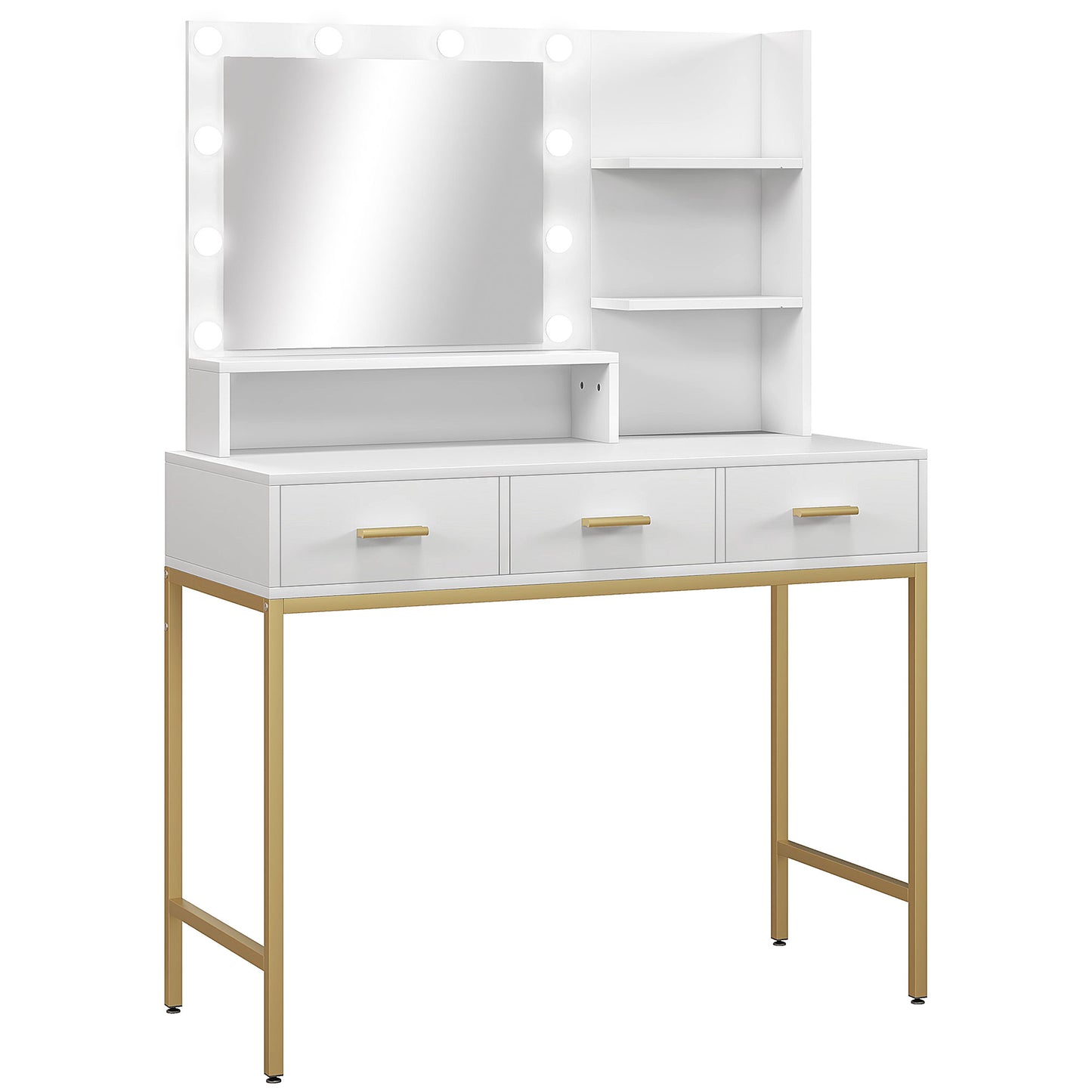 Illuminated Dressing Table, LED Vanity Table with Mirror, 3 Drawers and Storage Shelves for Bedroom, White