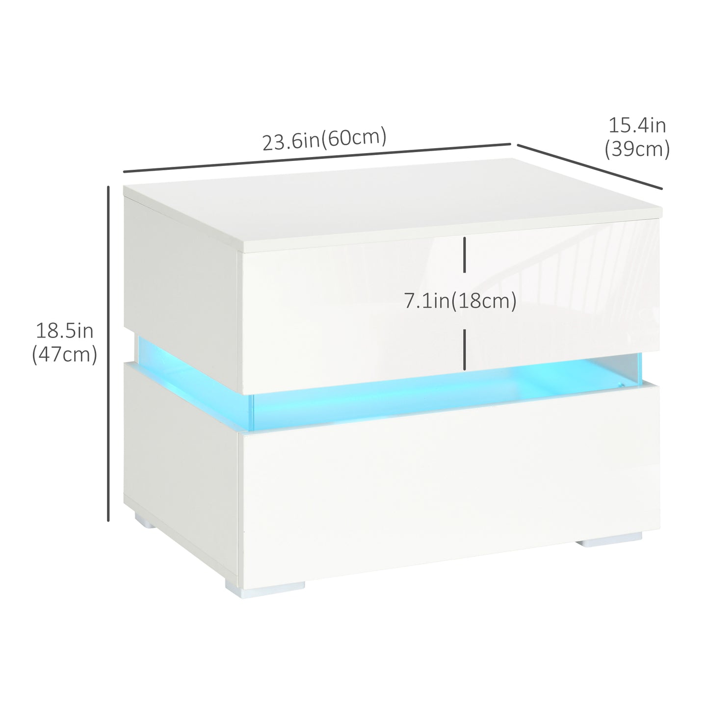 Modern Nightstand, Bedside Table with 2 High Gloss Drawers, USB Powered RGB LED Lights, Remote , white