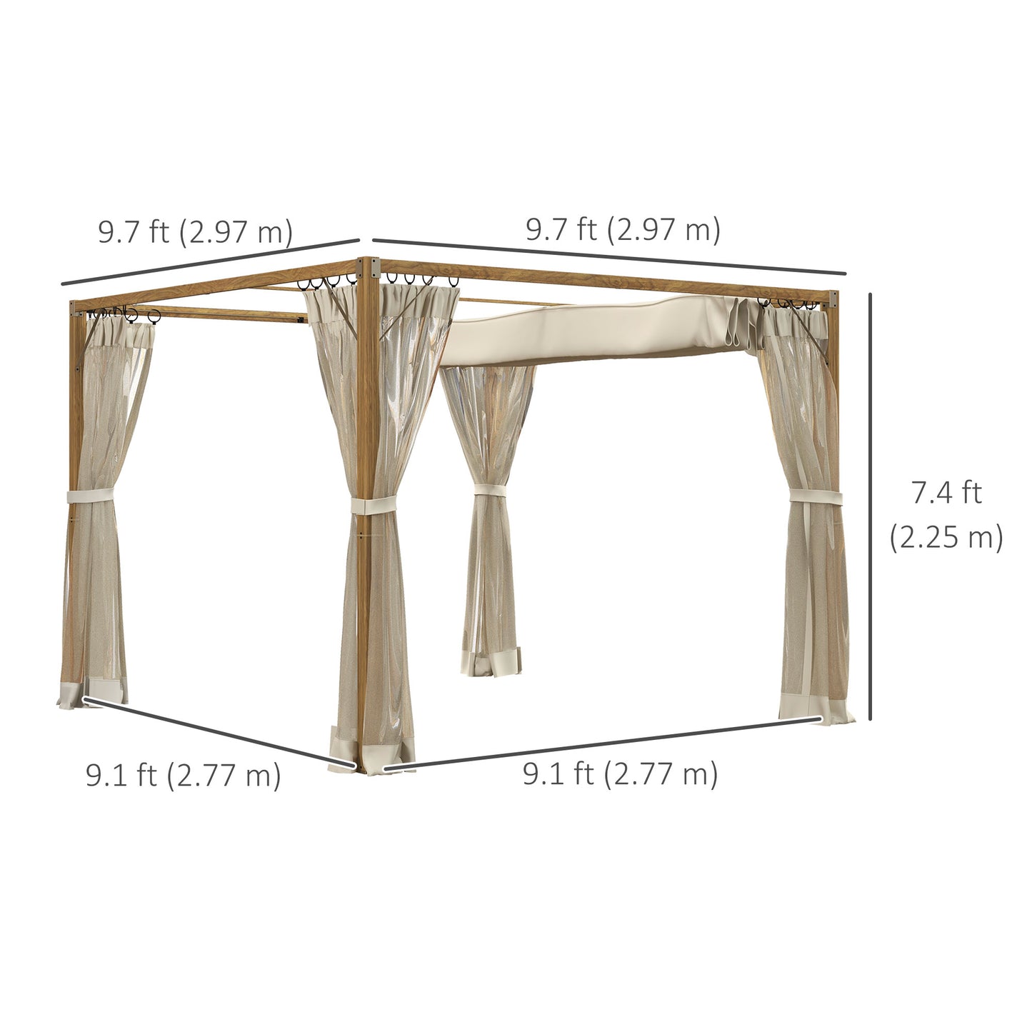 10 x 10 ft Retractable Pergola, Garden Gazebo Shelter with Nettings, for Grill, Patio, Deck, Natural