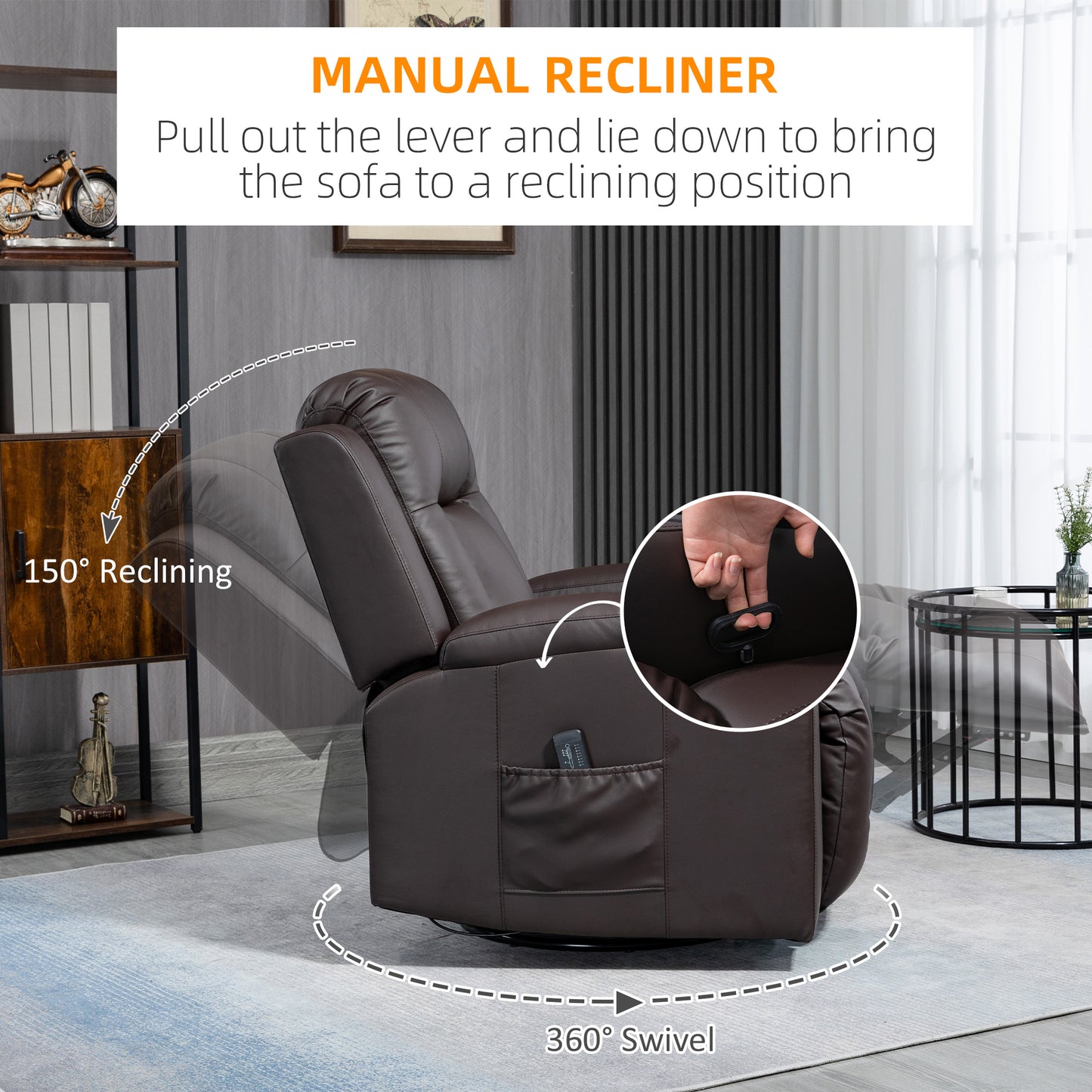 Massage Recliner Chair for Living Room with 8 Vibration Points, PU Leather Reclining Chair with Cup Holders, Swivel Base, Rocking Function, Brown