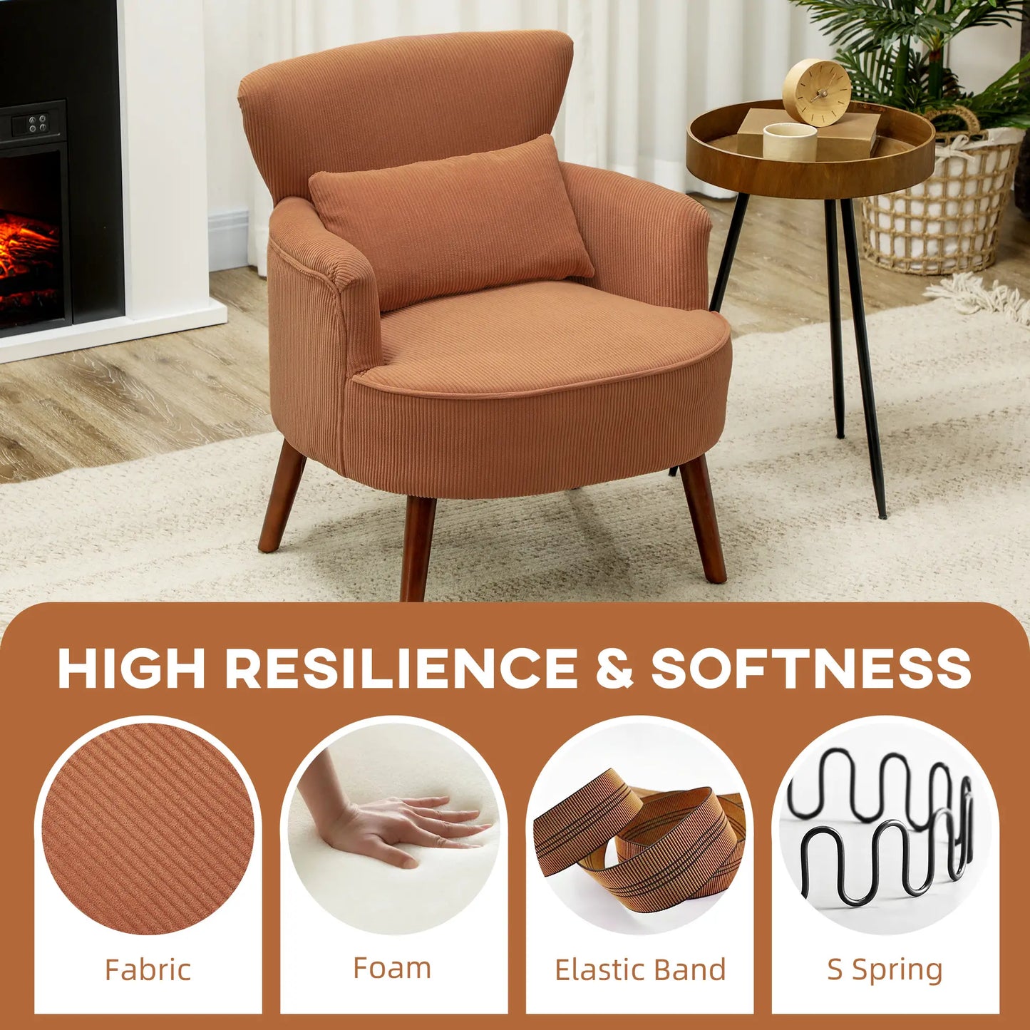 Modern Accent Chair with Solid Wood Legs and Lumbar Pillow for, Orange