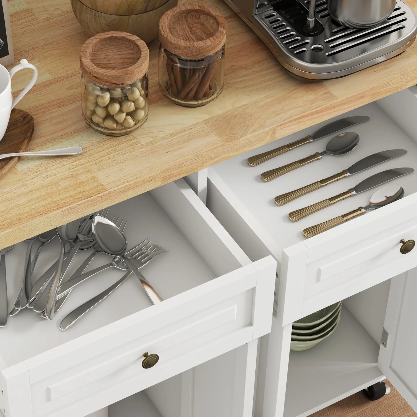 Kitchen Island with Storage, with Rubber Wood Top, Spice Rack, Towel Rack, White