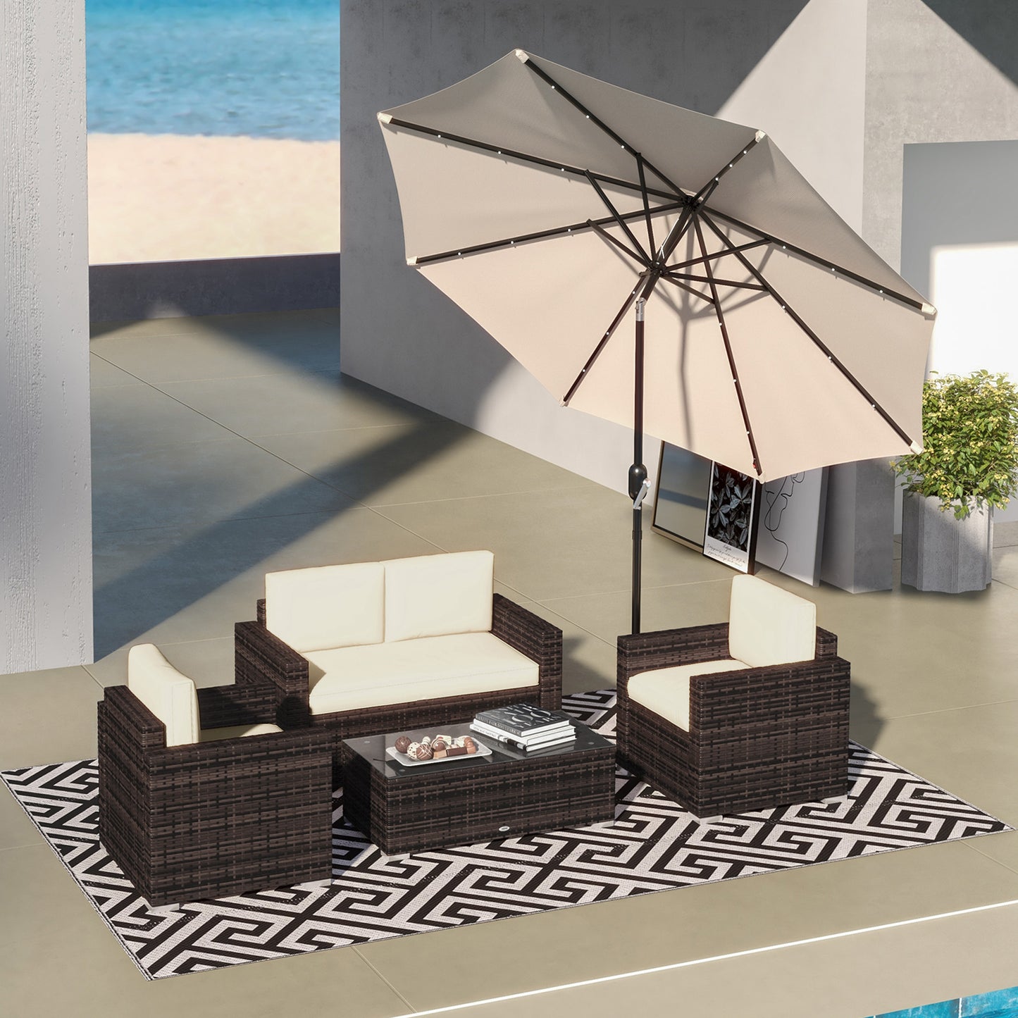 Outdoor Furniture with Table, Wicker Furniture with Loveseat and 2 Chair for Garden, Poolside, Mixed Brown and Khaki