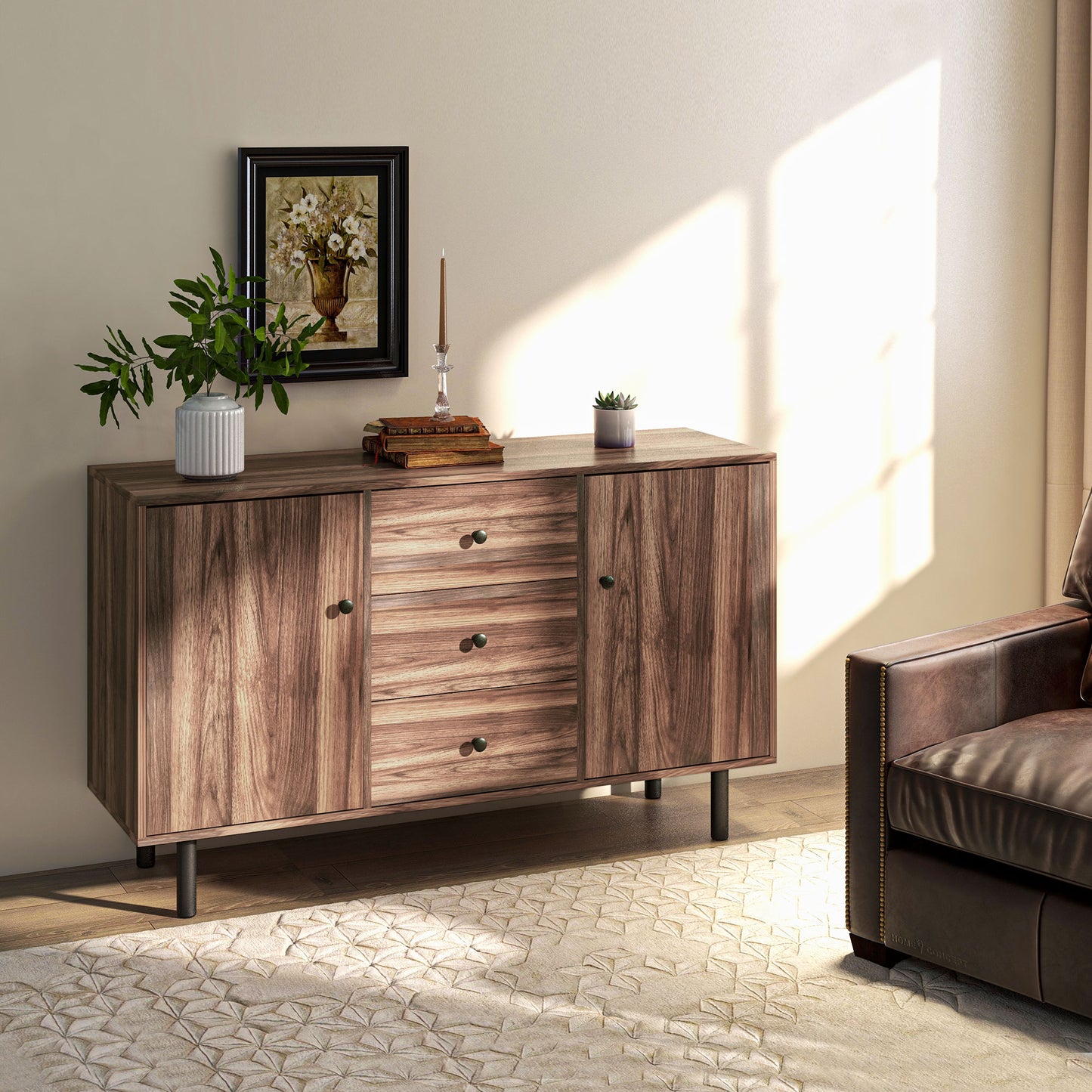 Storage Sideboard with 2 Cupboard, 3 Drawers and Adjustable Shelves in Rustic Brown