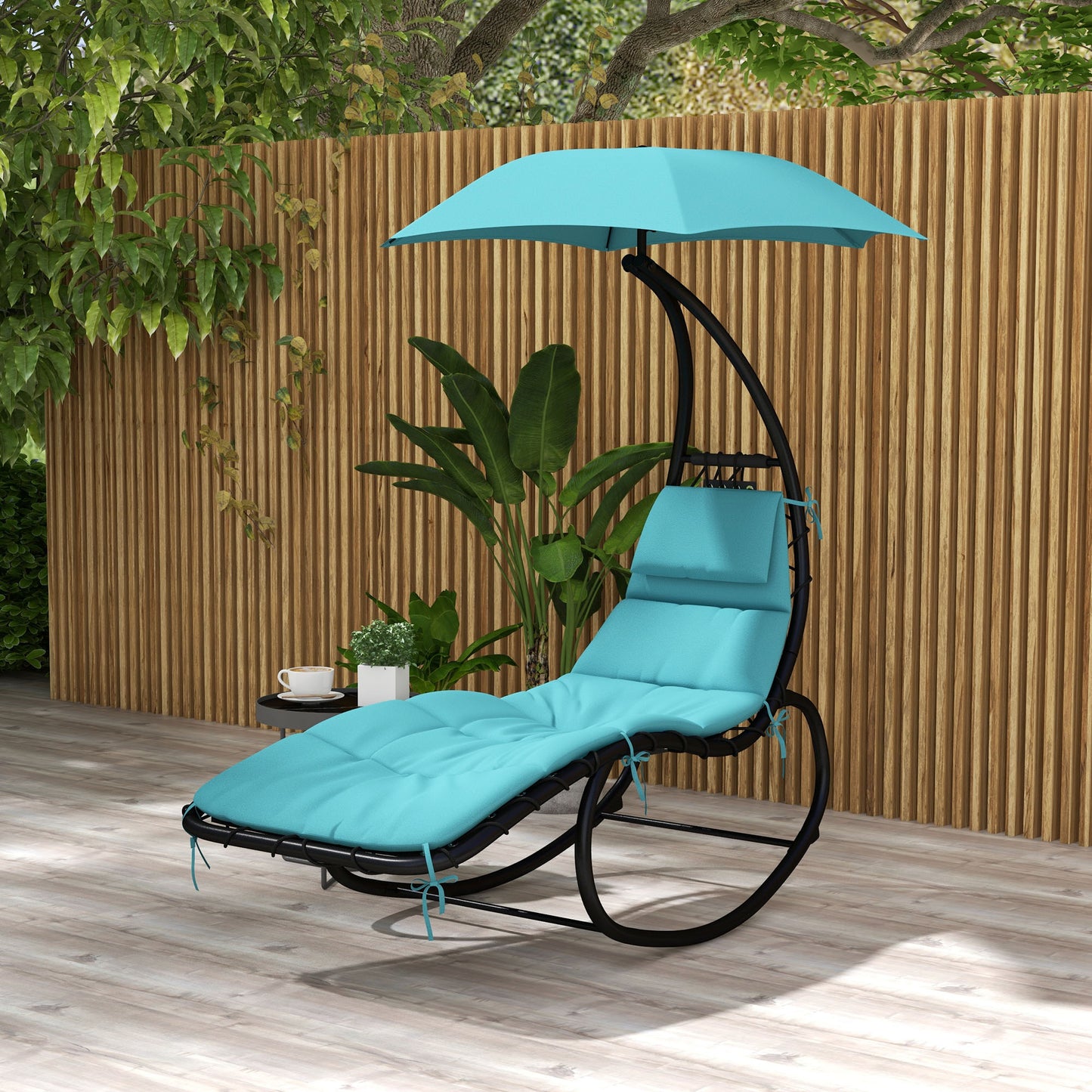 Tanning Chair with Sunshade Roof, Rocking Base, Cushion, Headrest, Turquoise