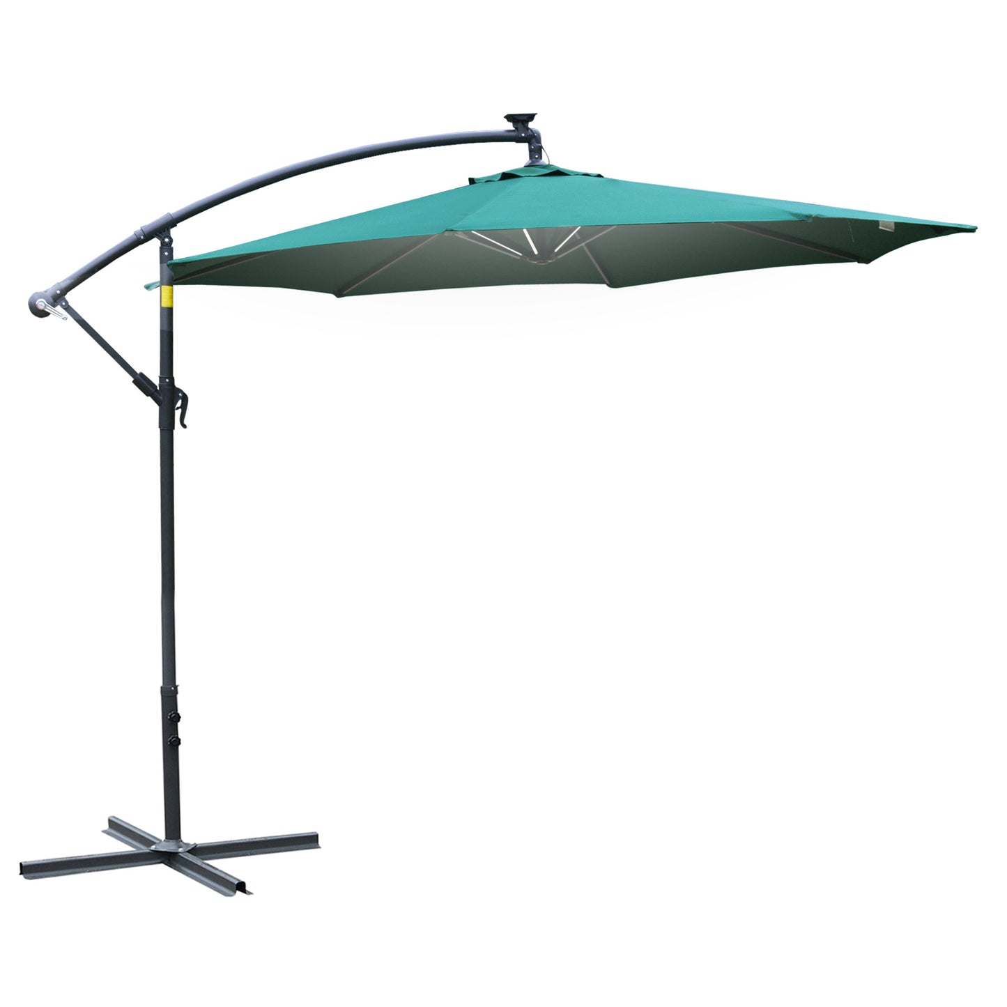 10ft Cantilever Solar Hanging Offset Umbrella Outdoor LED Lights Aluminum Market Banana Parasol Crank w/ Cross Base Garden Sun Shelter Green