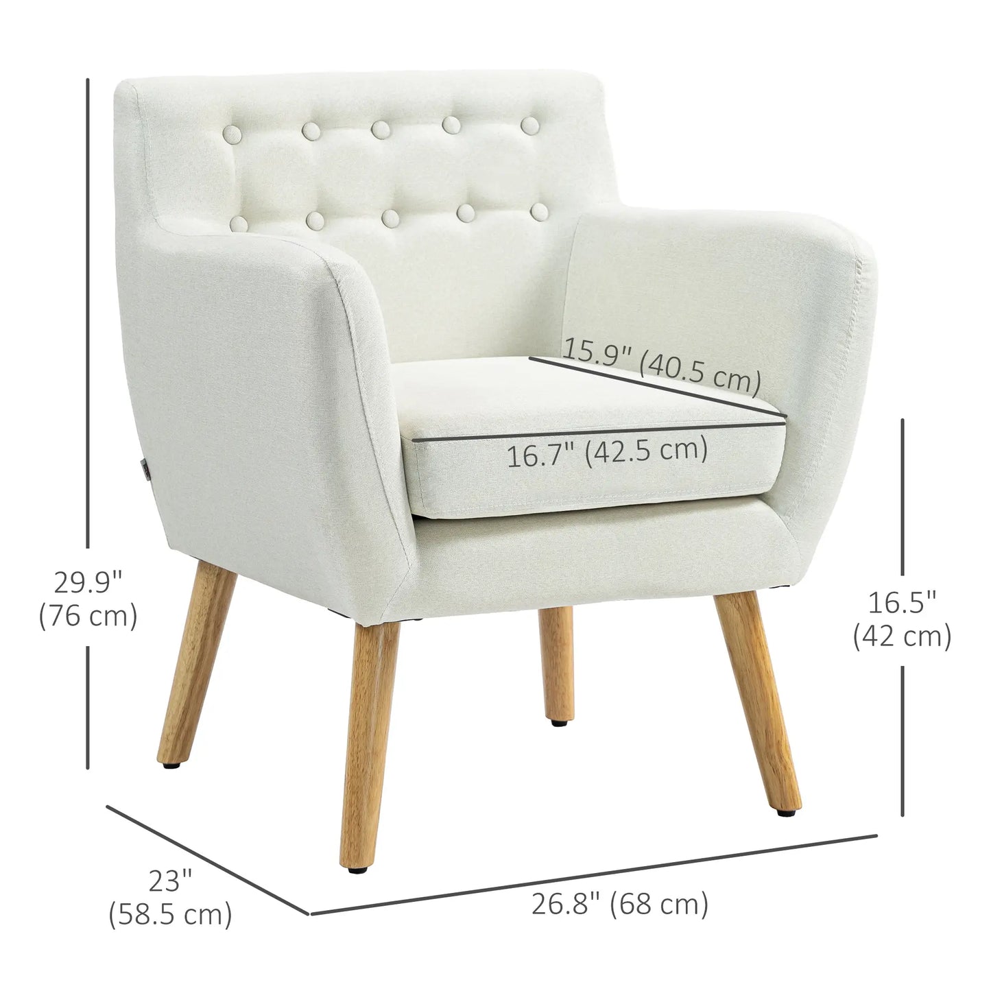 Mid-Century Modern Accent Chair with Wood Frame and Thick Padding, Cream White