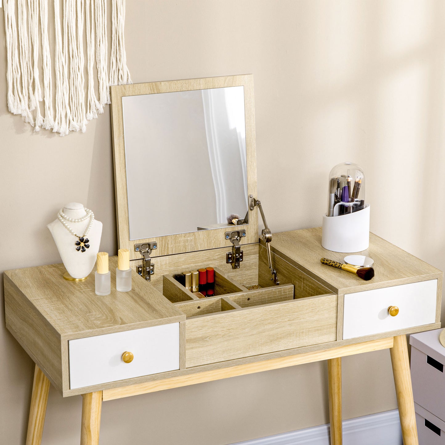 Flip Top Vanity Table / Writing Desk with 2 Drawers and Storage Grids, Natural