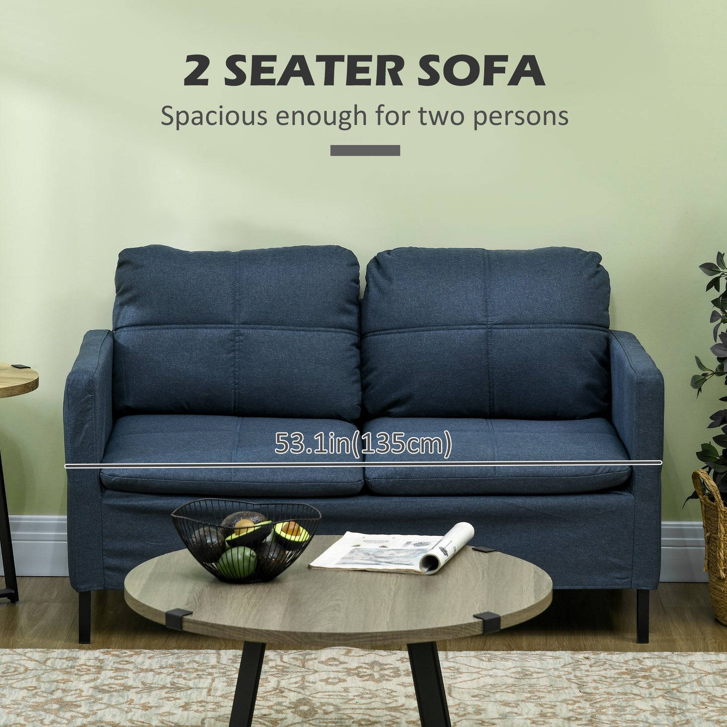 53"  Upholstered Two Seater Couch with Sturdy Steel Legs for in Dark Denim Blue