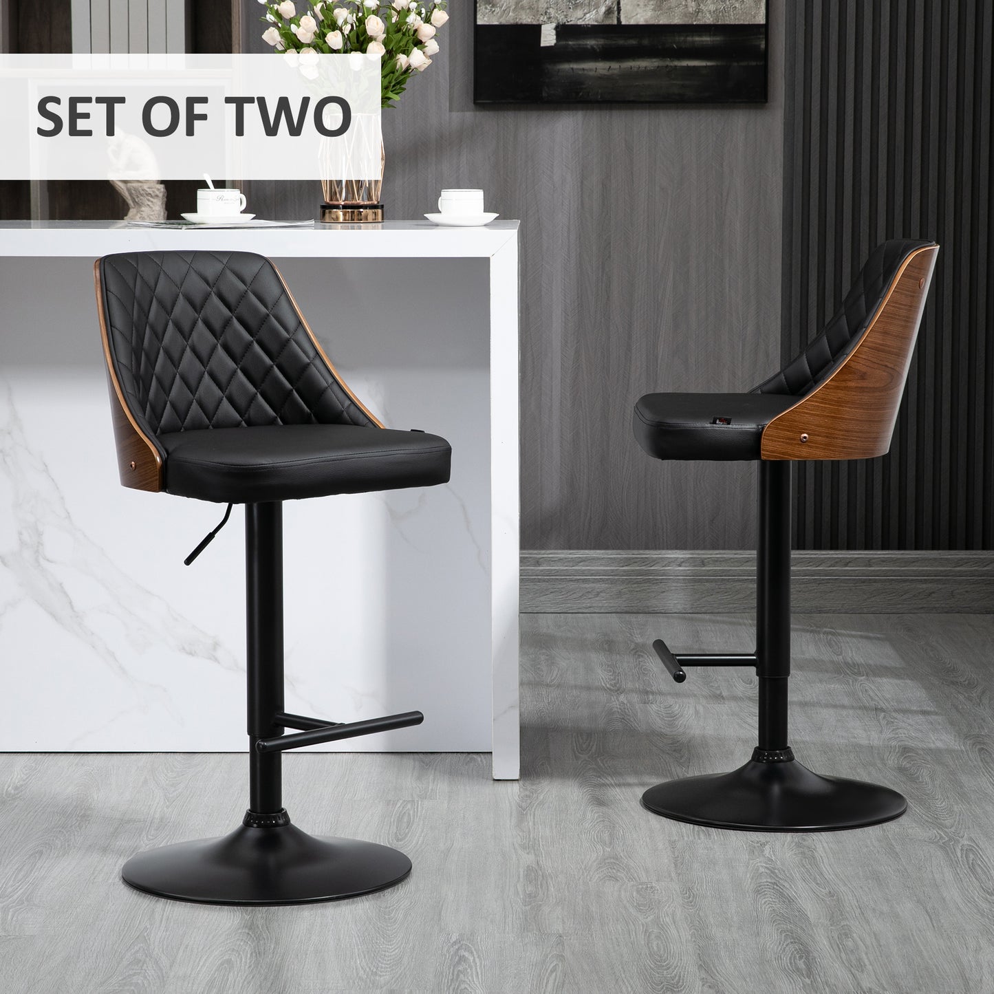 Adjustable Bar Stools Set of 2 Swivel Counter Height Barstools Chairs, PU Leather Solid Wood Back and Footrest, Black