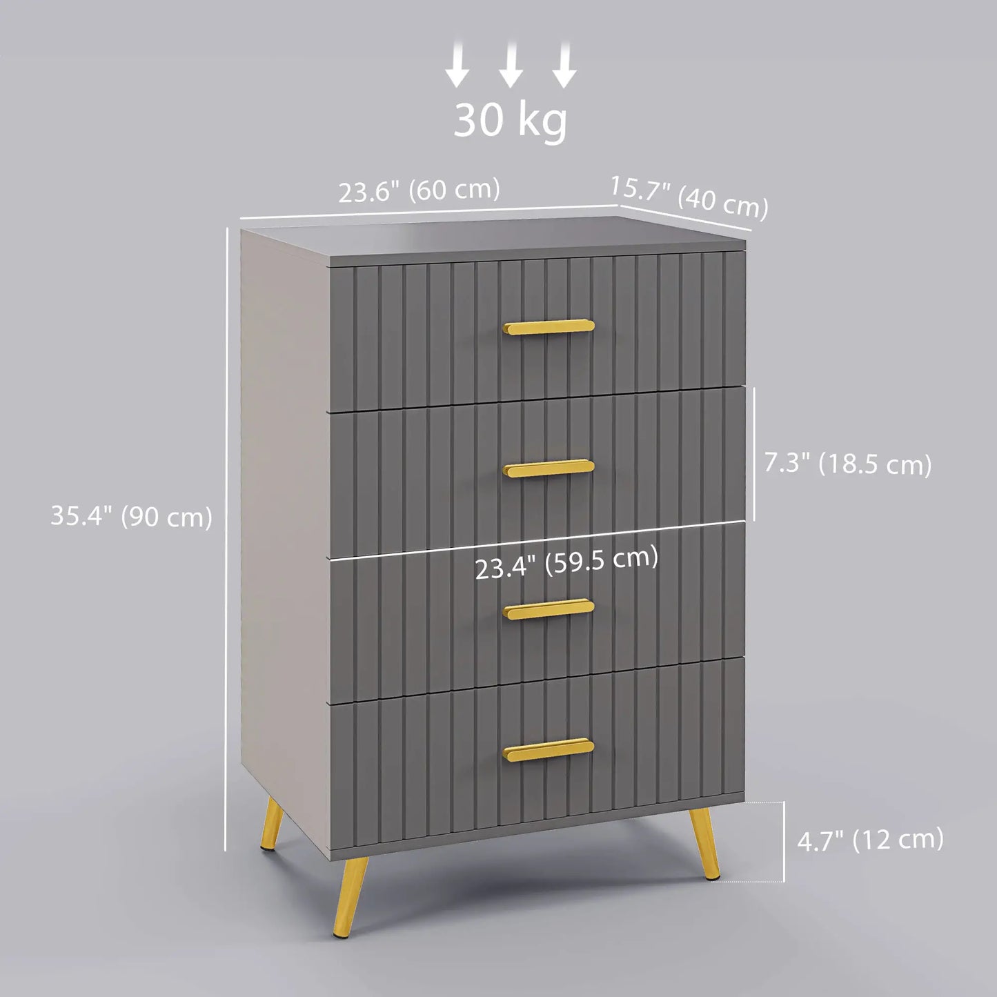 4 Drawer Dresser with Aluminium Legs and Gold Handles, in Dark Grey