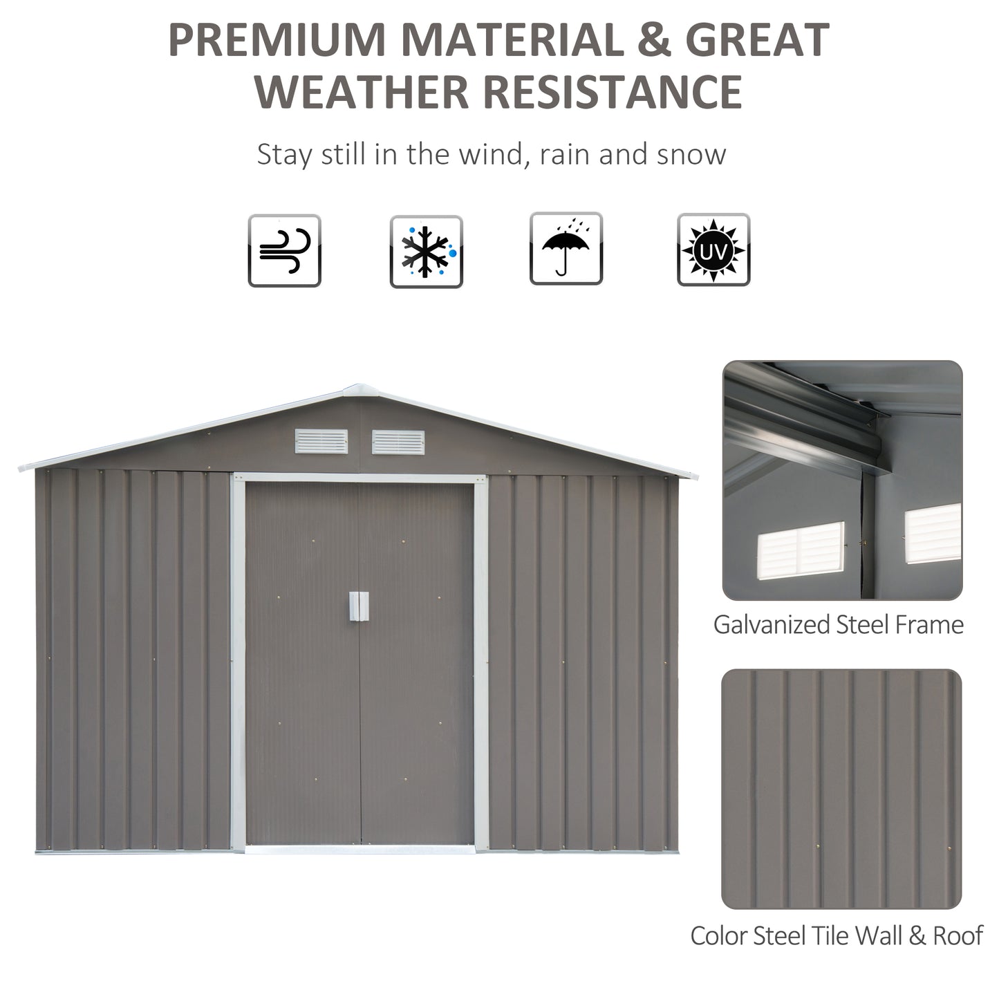 9.1' x 6.4' x 6.3' Garden Storage Shed w/Floor Foundation Outdoor Patio Yard Metal Tool Storage House w/ Double Doors Grey