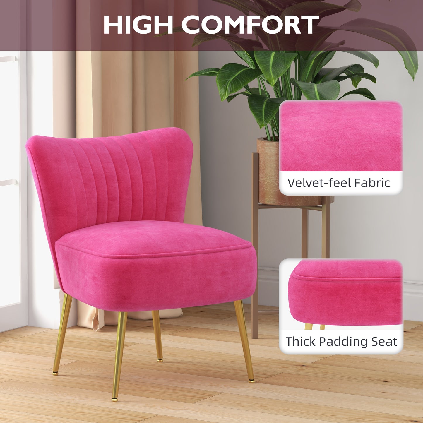 Pink Velvet Lounge Chairs Set of 2, Modern Accent Chairs with Gold Steel Legs and Tufting Backrest